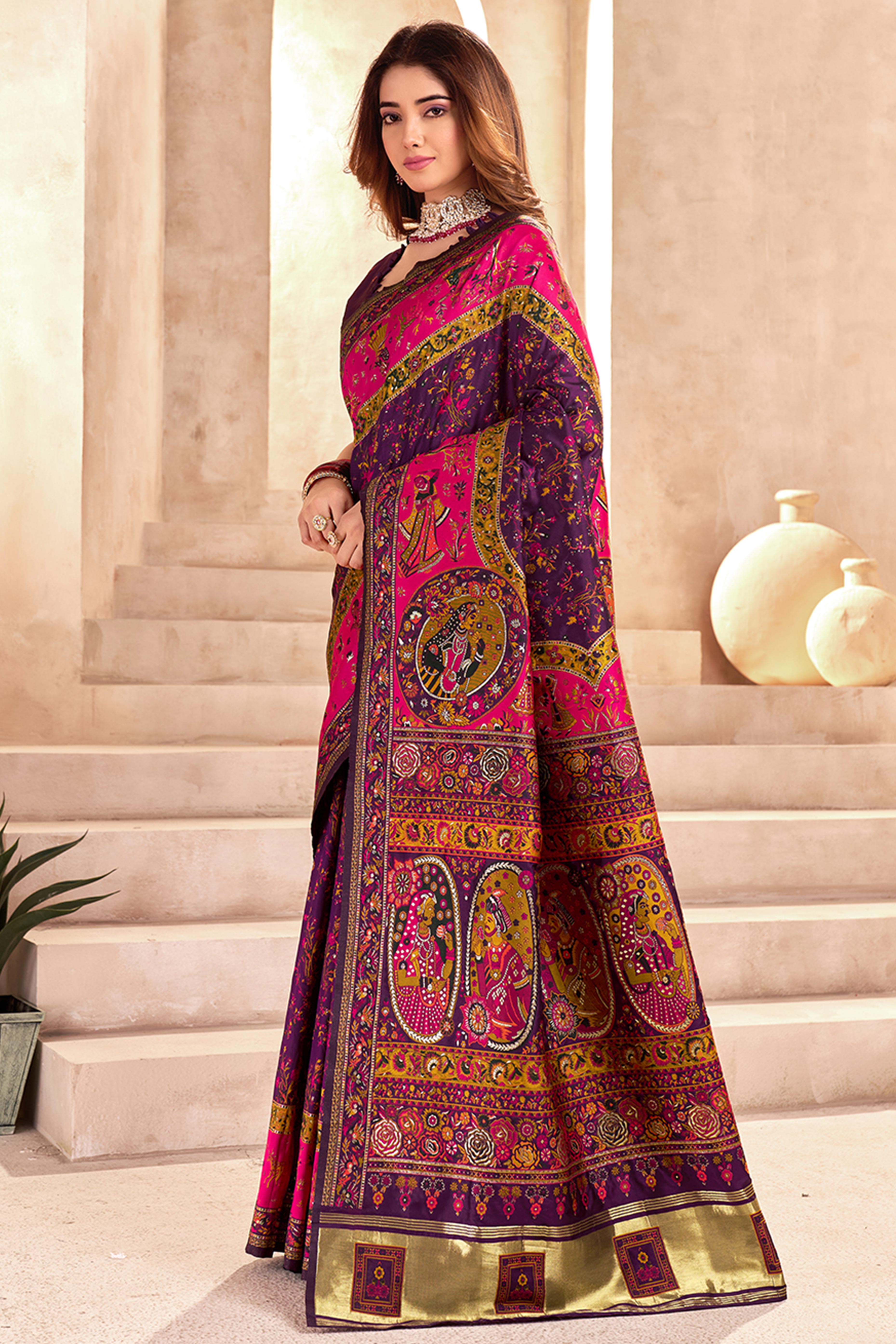 Traditional Wine Rajwadi Weaving Pashmina Silk Saree With Kashmiri Pallu & Elegant Zari Border