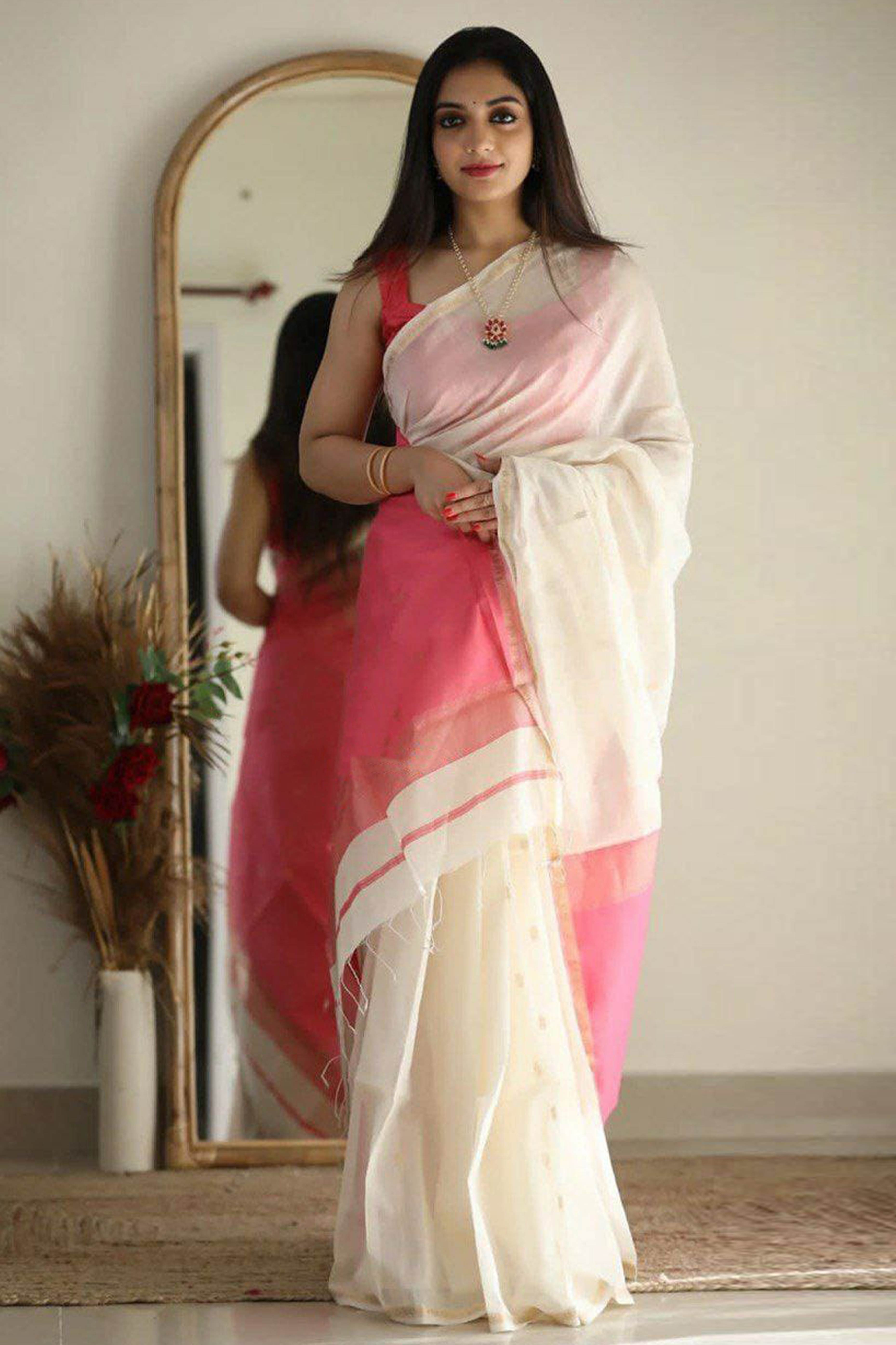 Zari Butti Woven White Soft Linen Cotton Saree for Festive Grace and Charm