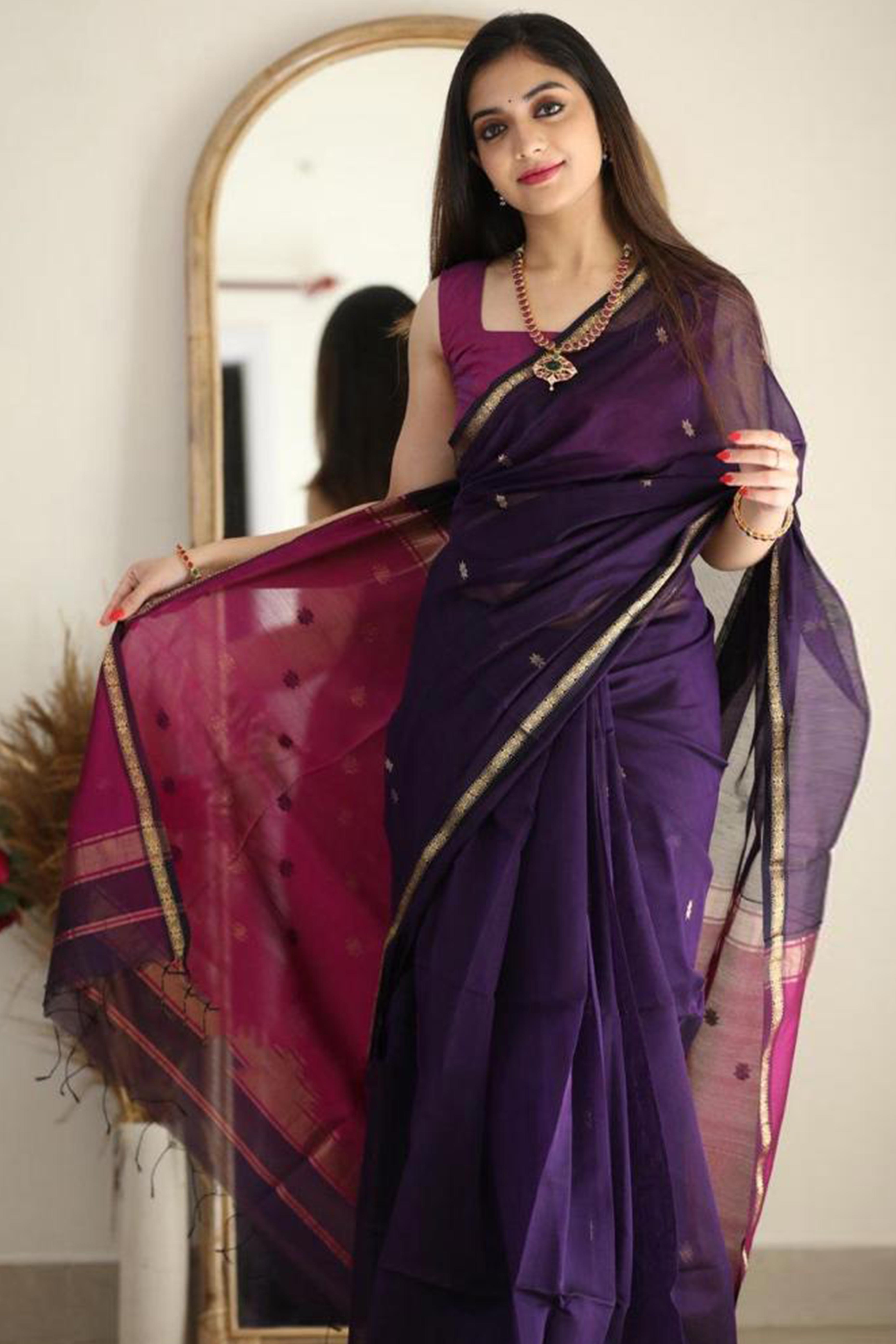 Deep Purple Zari Woven Butti Saree in Breathable and Elegant Linen Cotton Fabric
