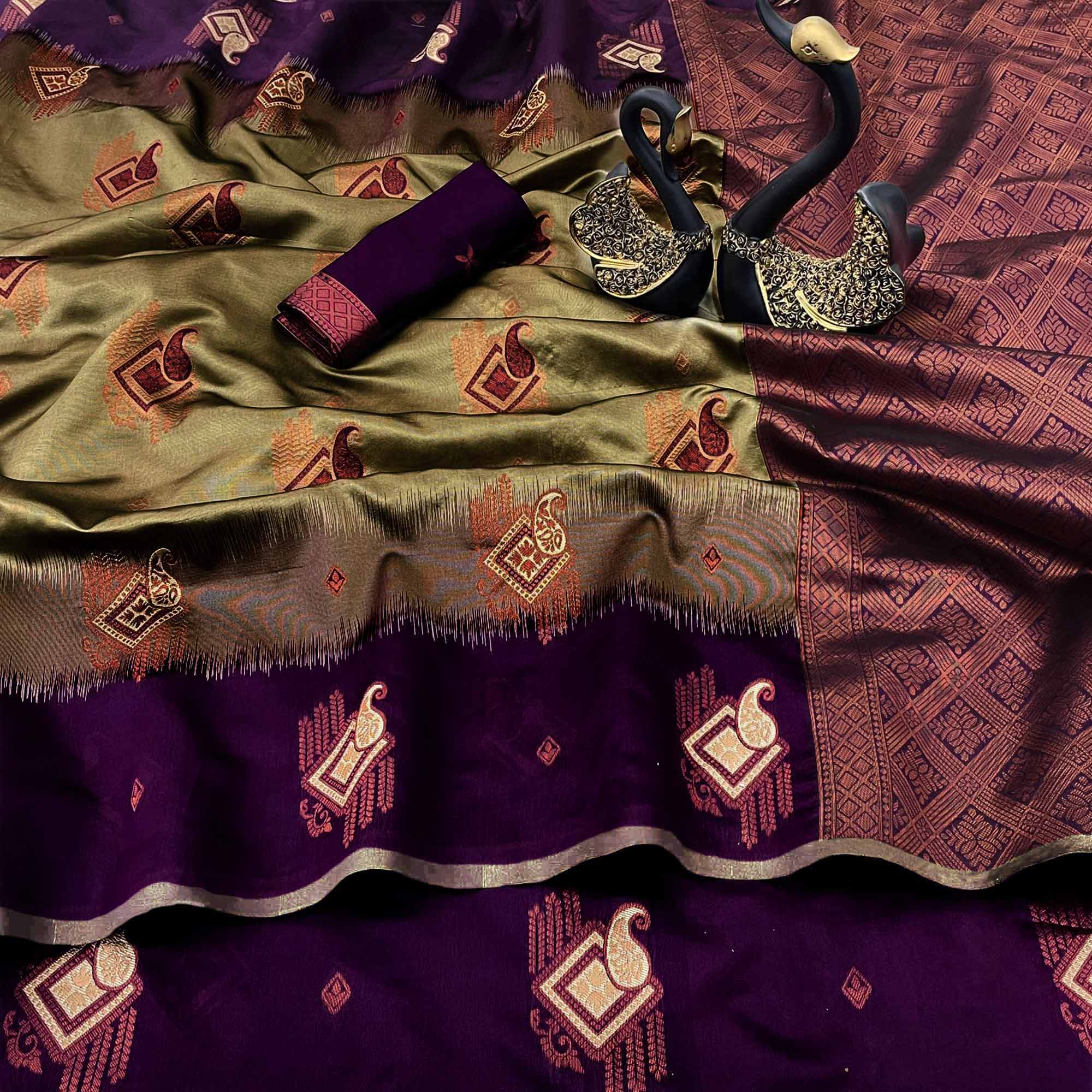 Beige & Purple Classic Tissue Silk Saree with Zari Weaving