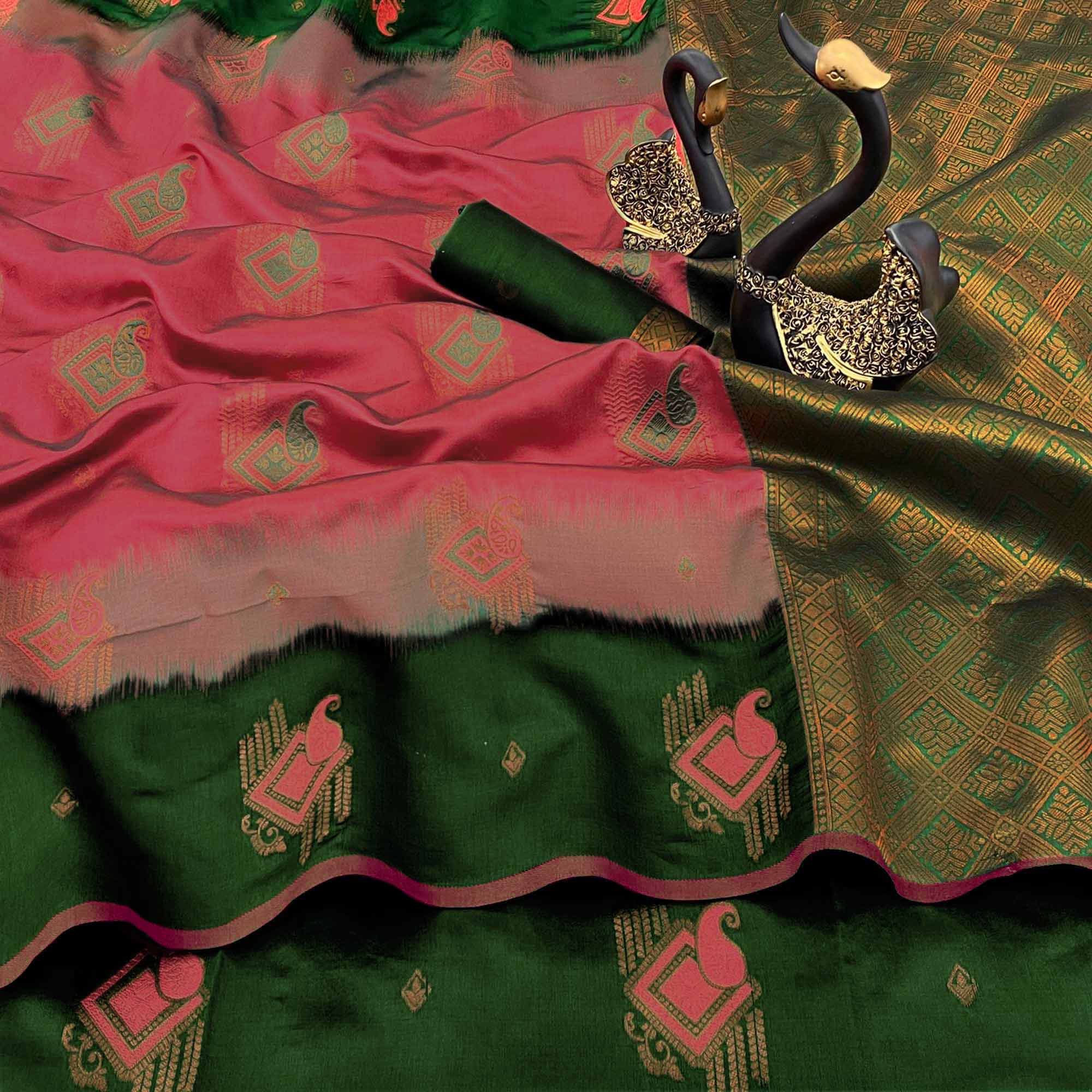 Gajri Pink & Green Classic Tissue Silk Saree with Zari Weaving