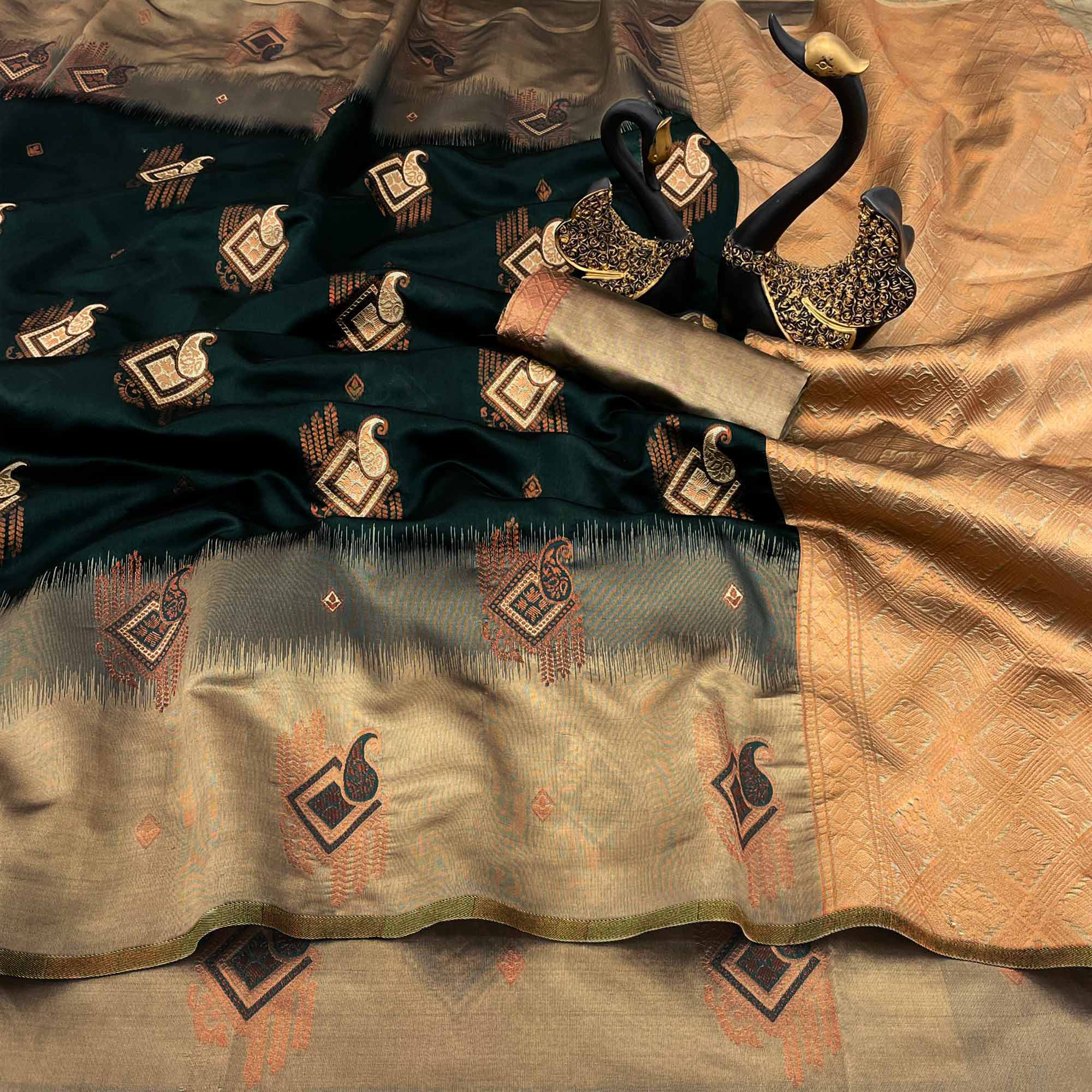 Green & Beige Classic Tissue Silk Saree with Zari Weaving