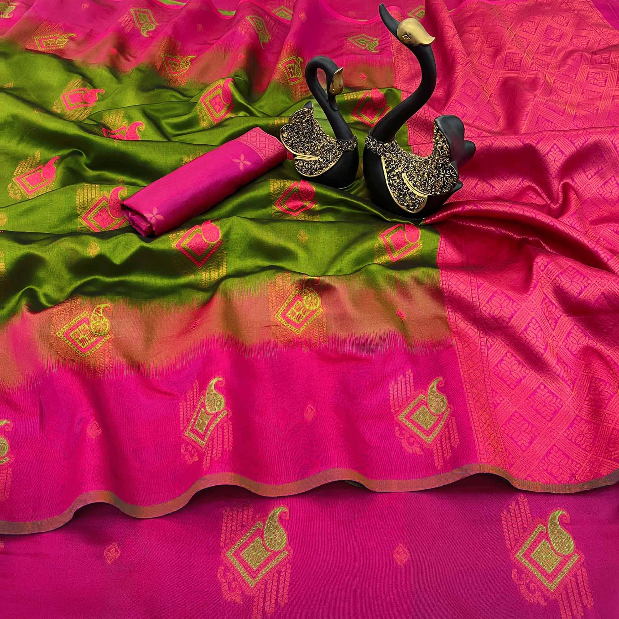 Green & Pink Classic Tissue Silk Saree with Zari Weaving