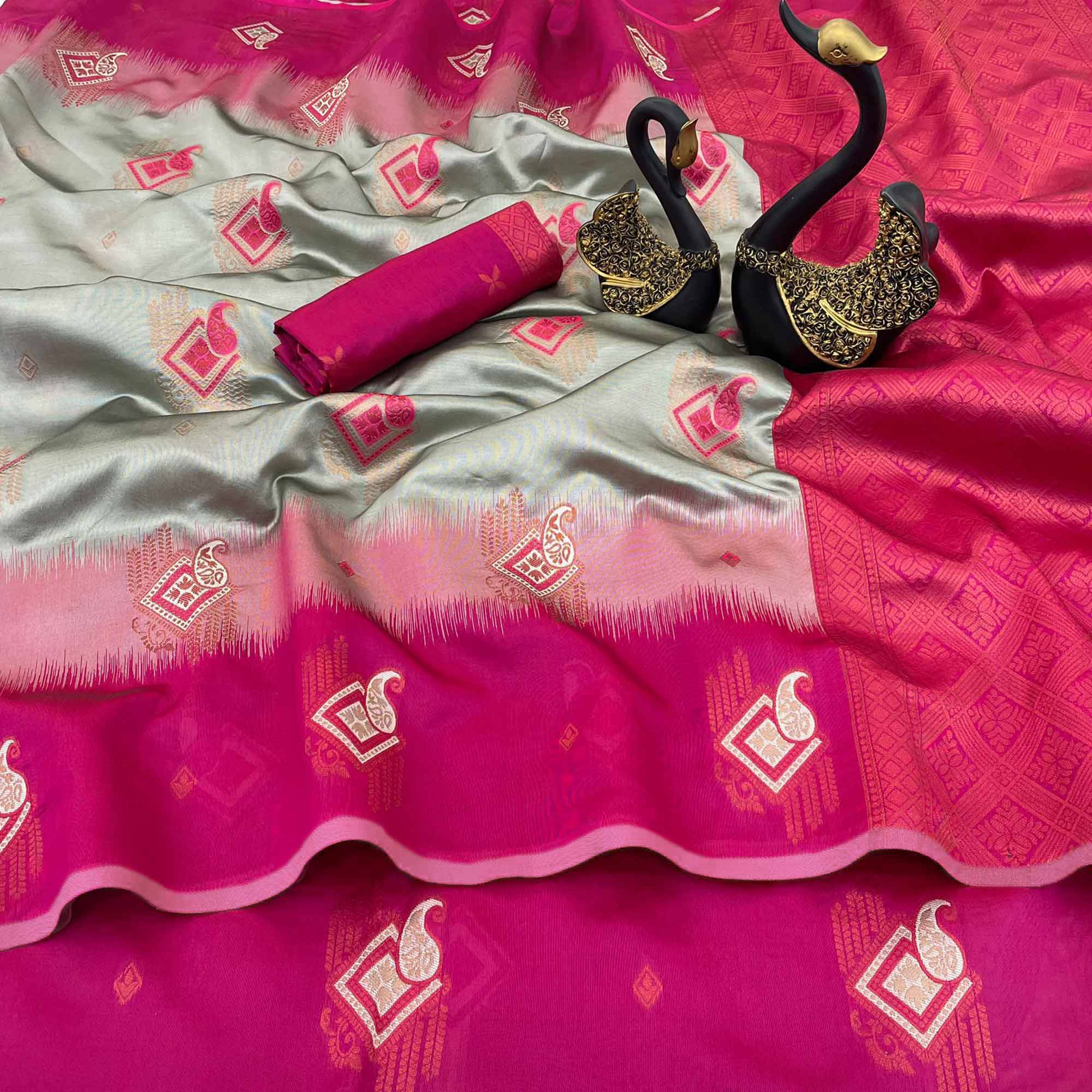 Grey & Pink Classic Tissue Silk Saree with Zari Weaving