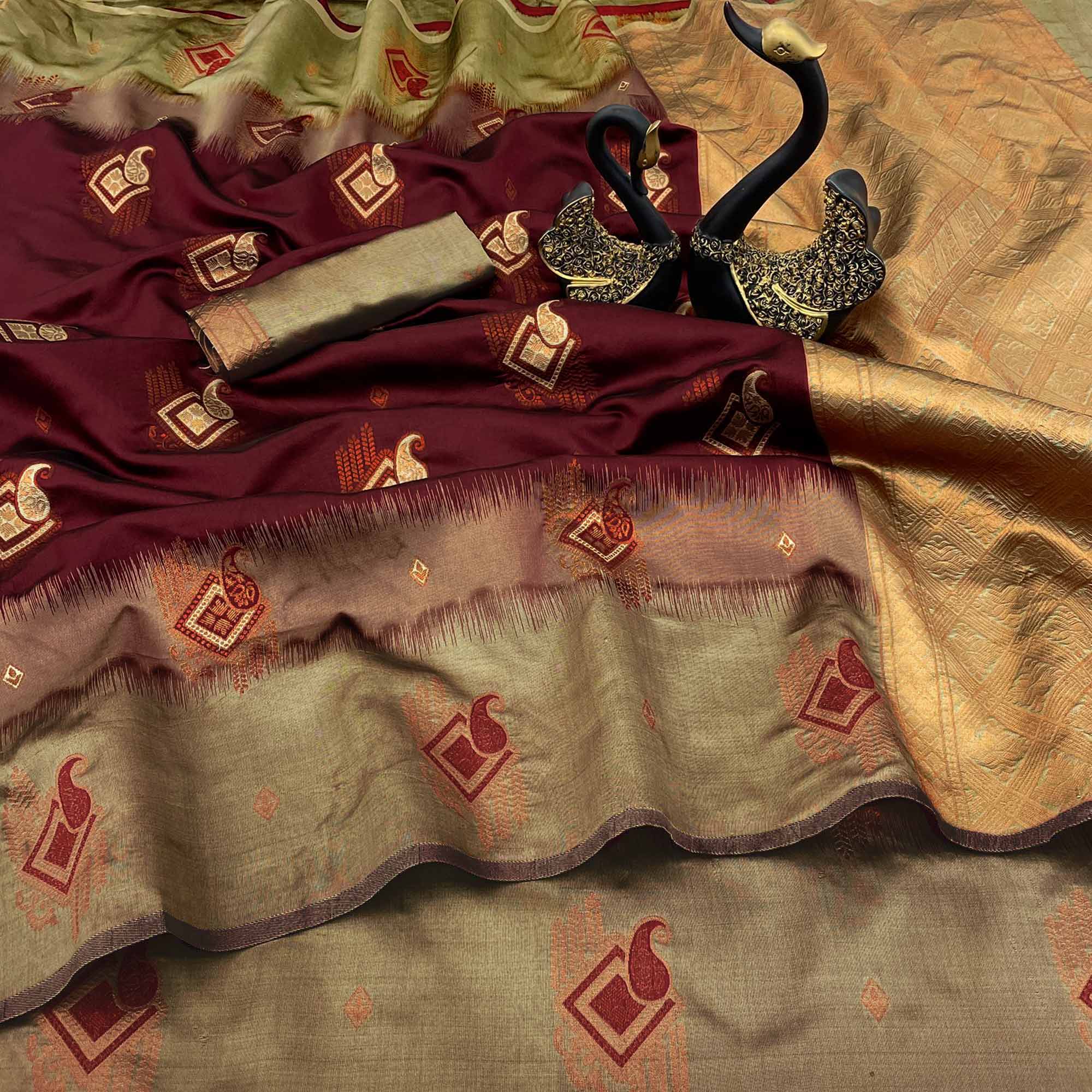 Maroon & Beige Classic Tissue Silk Saree with Zari Weaving