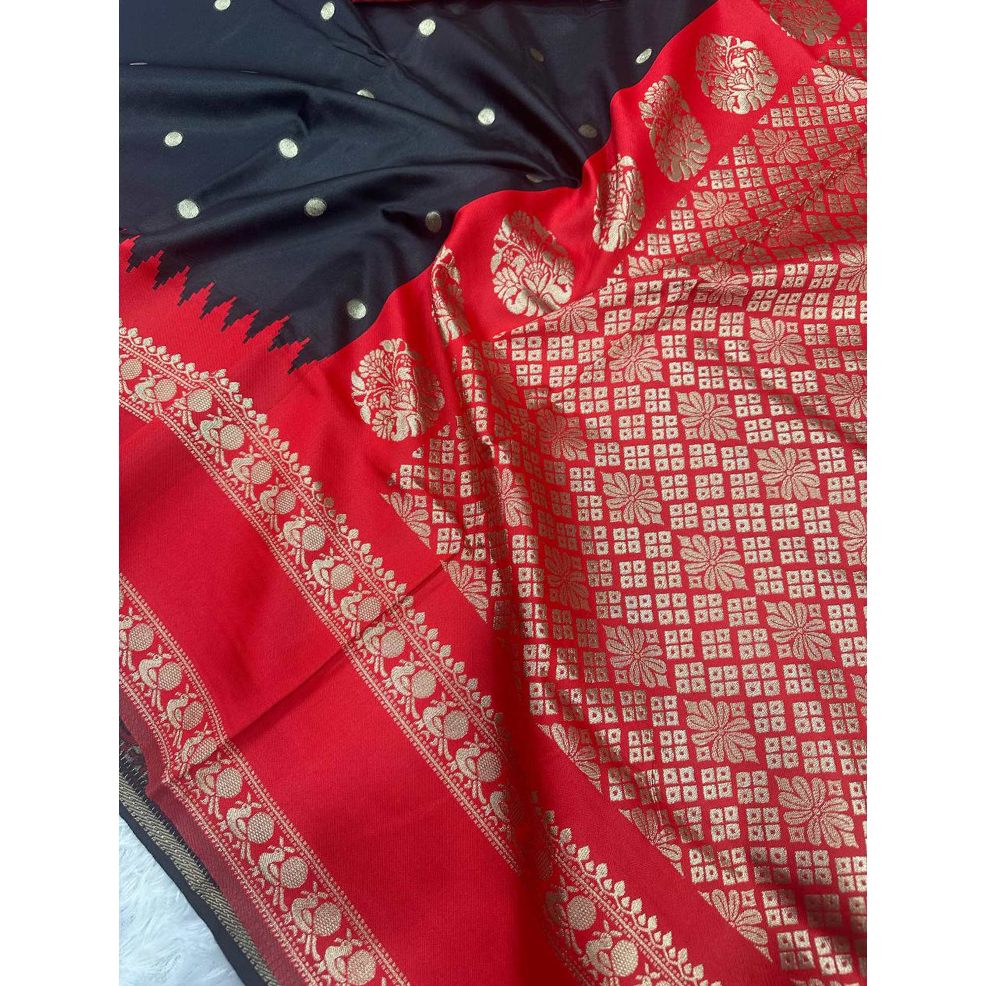 Striking Black & Red Zari Woven Lichi Banarasi Silk Saree With Tassel Accents