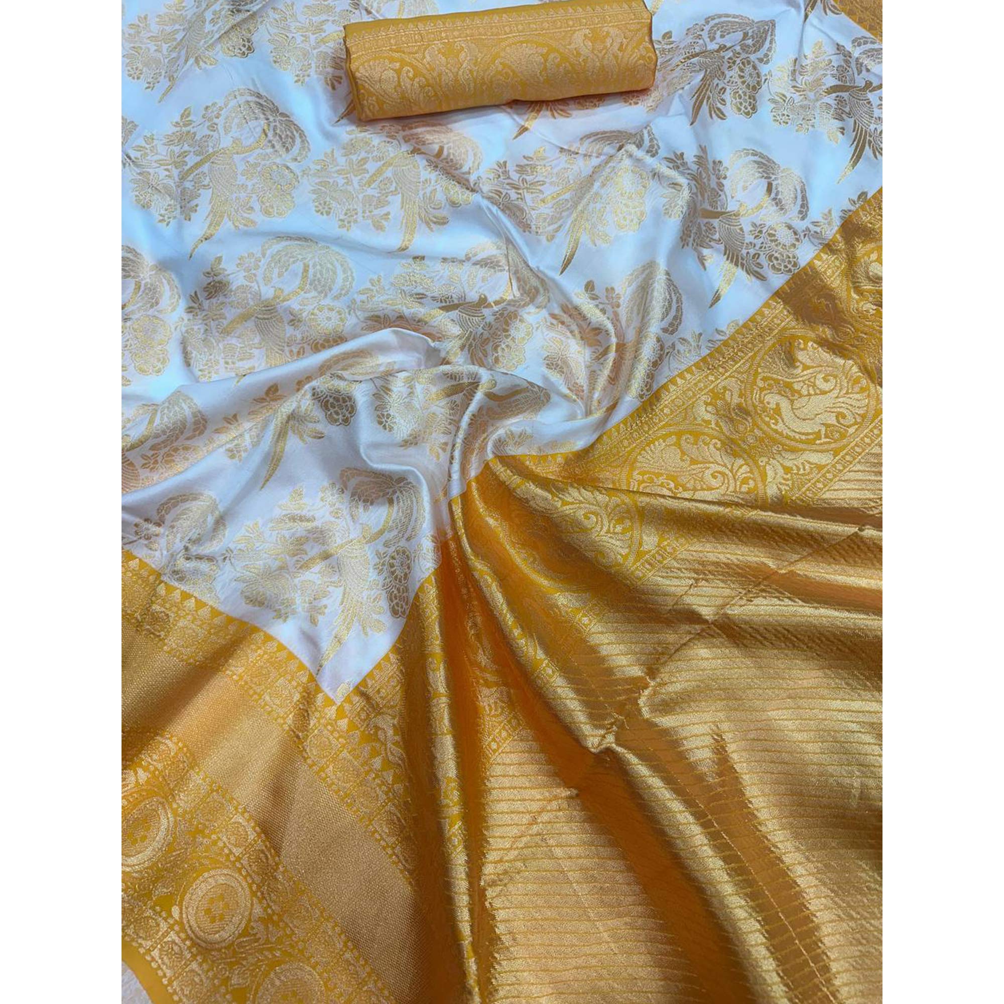 Charming White & Yellow Floral Zari Woven Lichi Banarasi Silk Saree