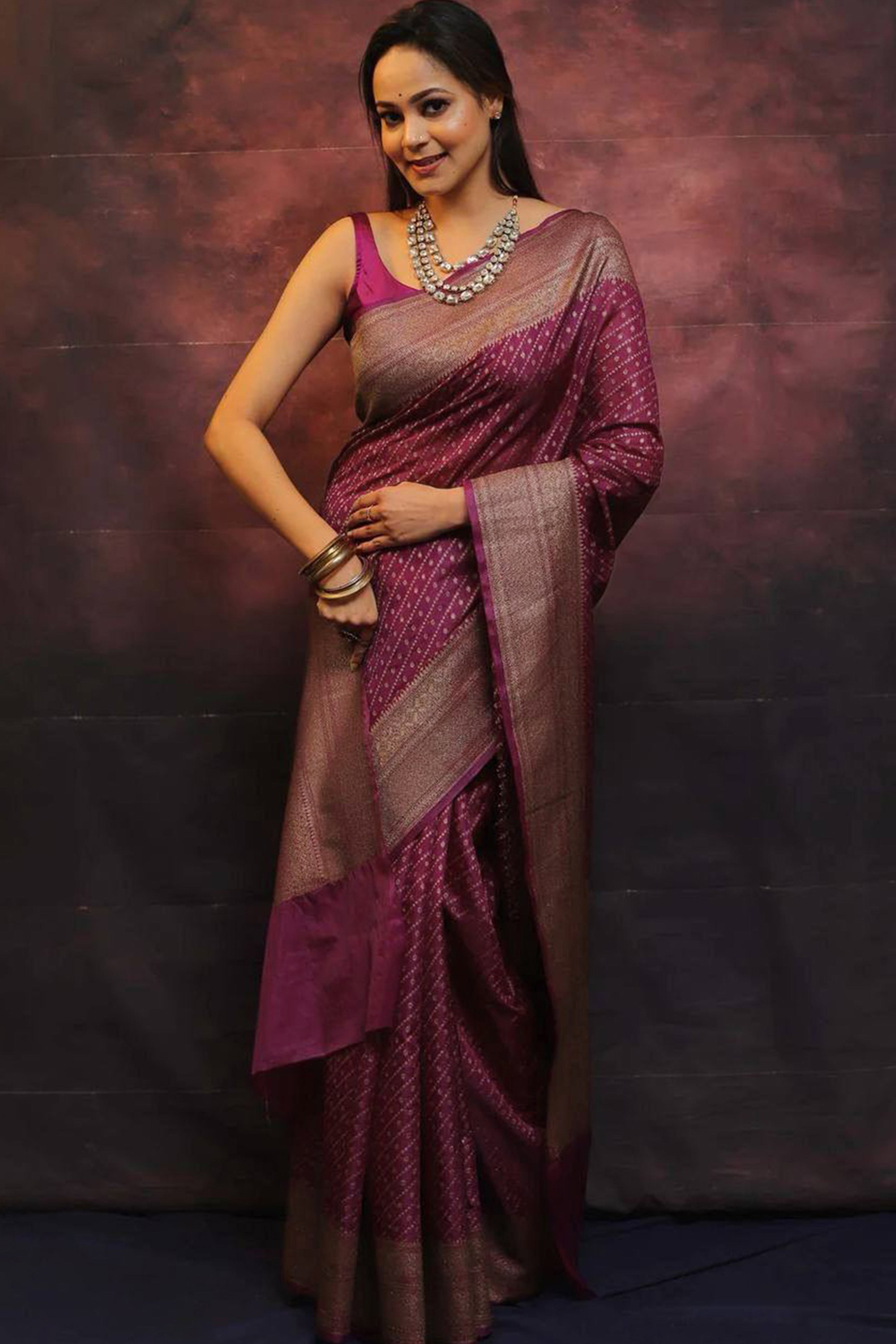 Luxurious Wine Zari Woven Lichi Banarasi Silk Saree