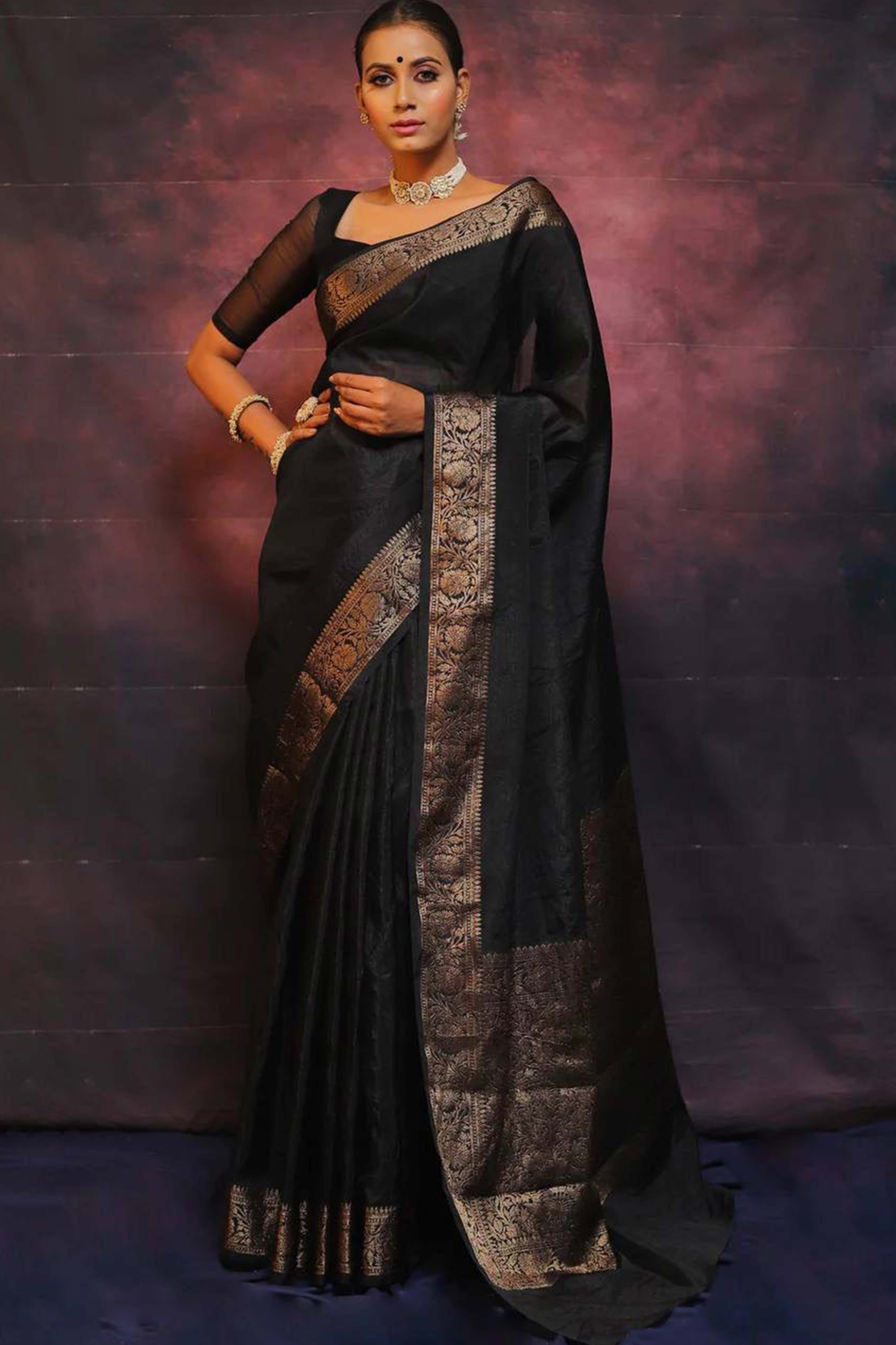 Black Floral Woven Lichi Banarasi Silk Saree