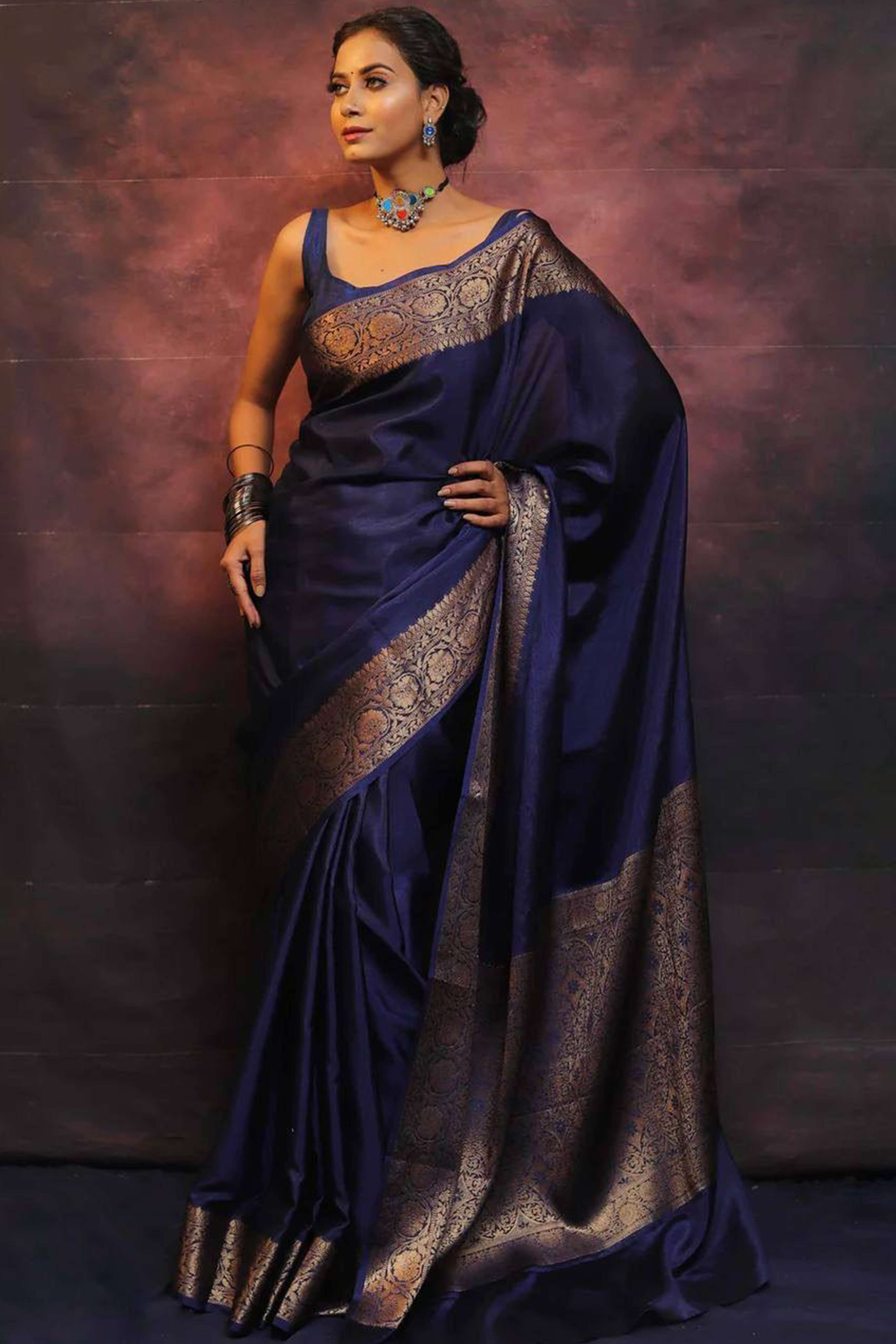 Navy Blue Floral Woven Lichi Banarasi Silk Saree