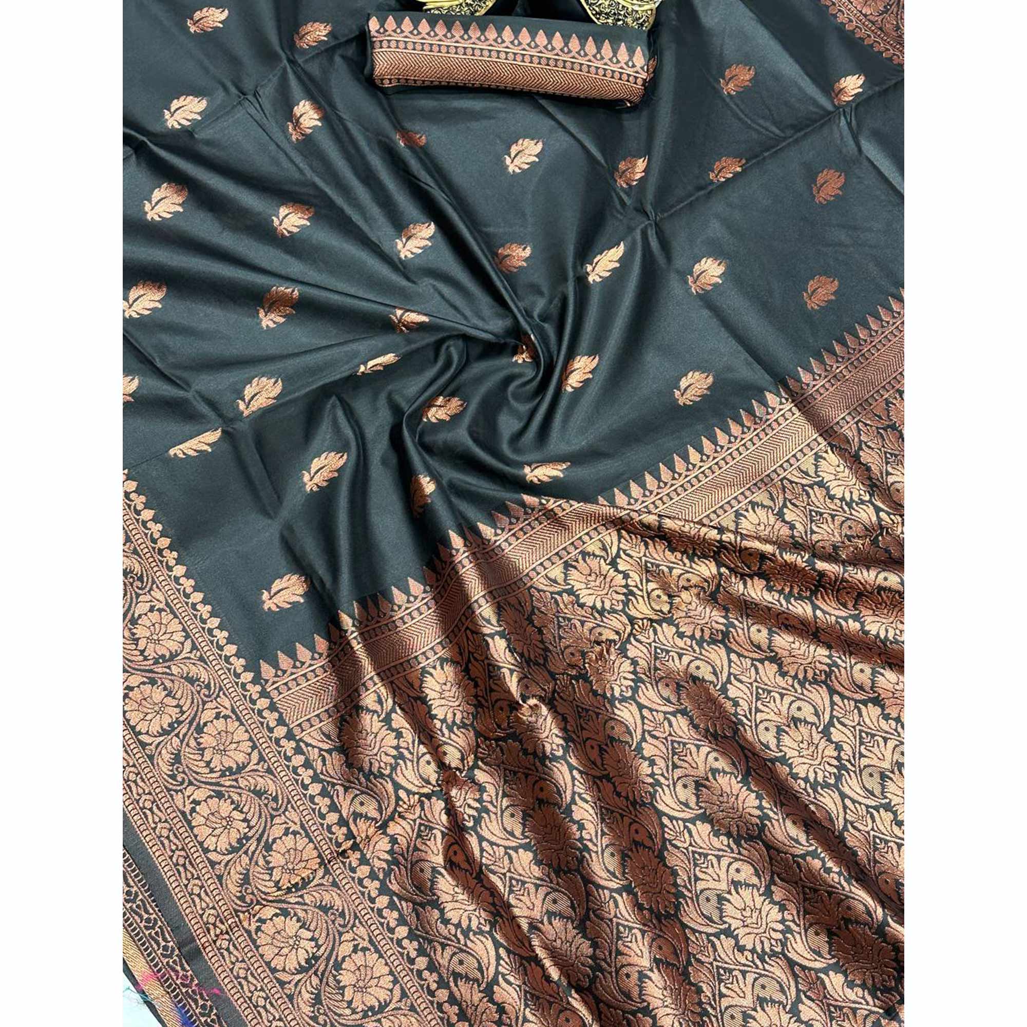 Black Organic Banarasi Silk Saree with Floral Zari Craftsmanship