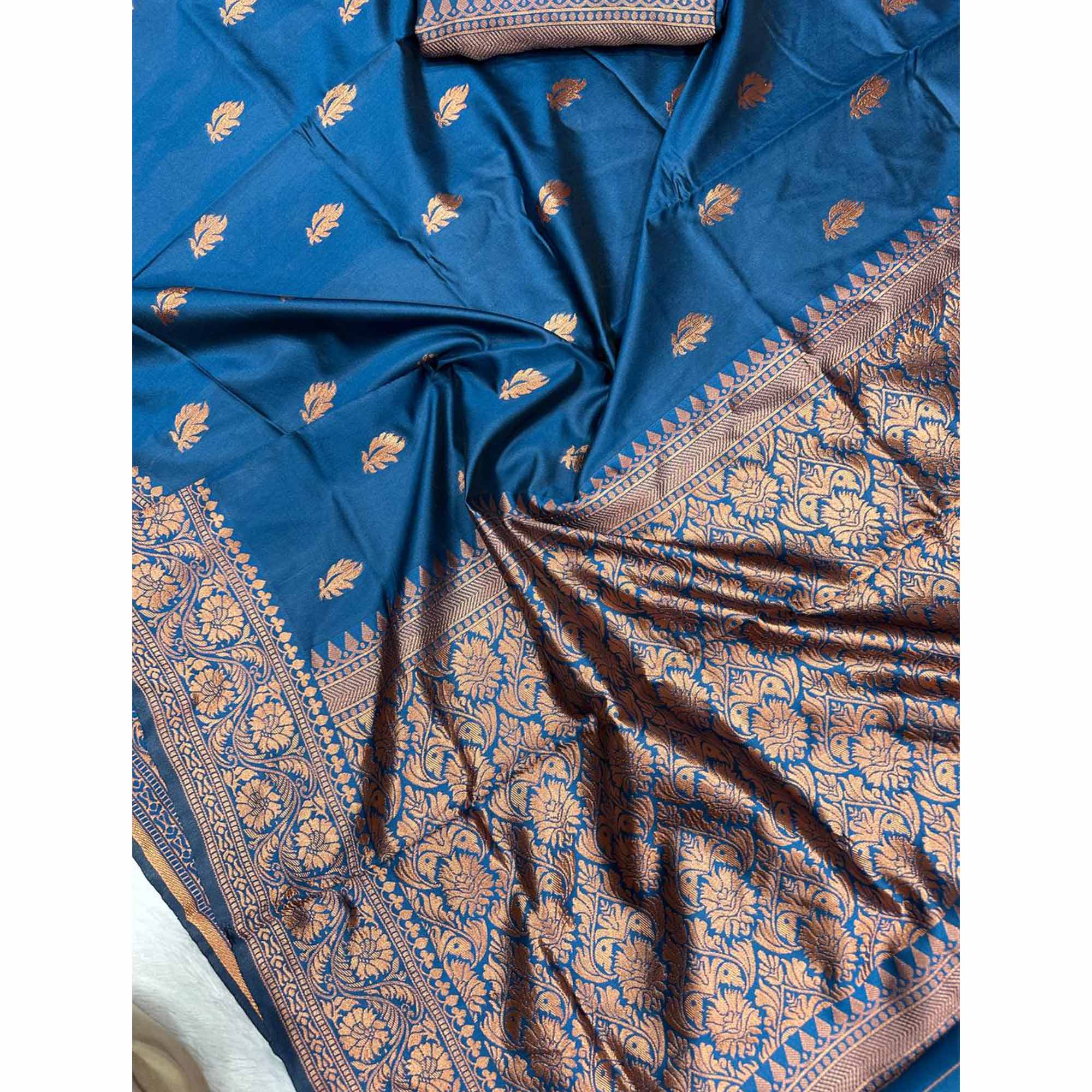 Blue Organic Banarasi Silk Saree with Floral Zari Elegance