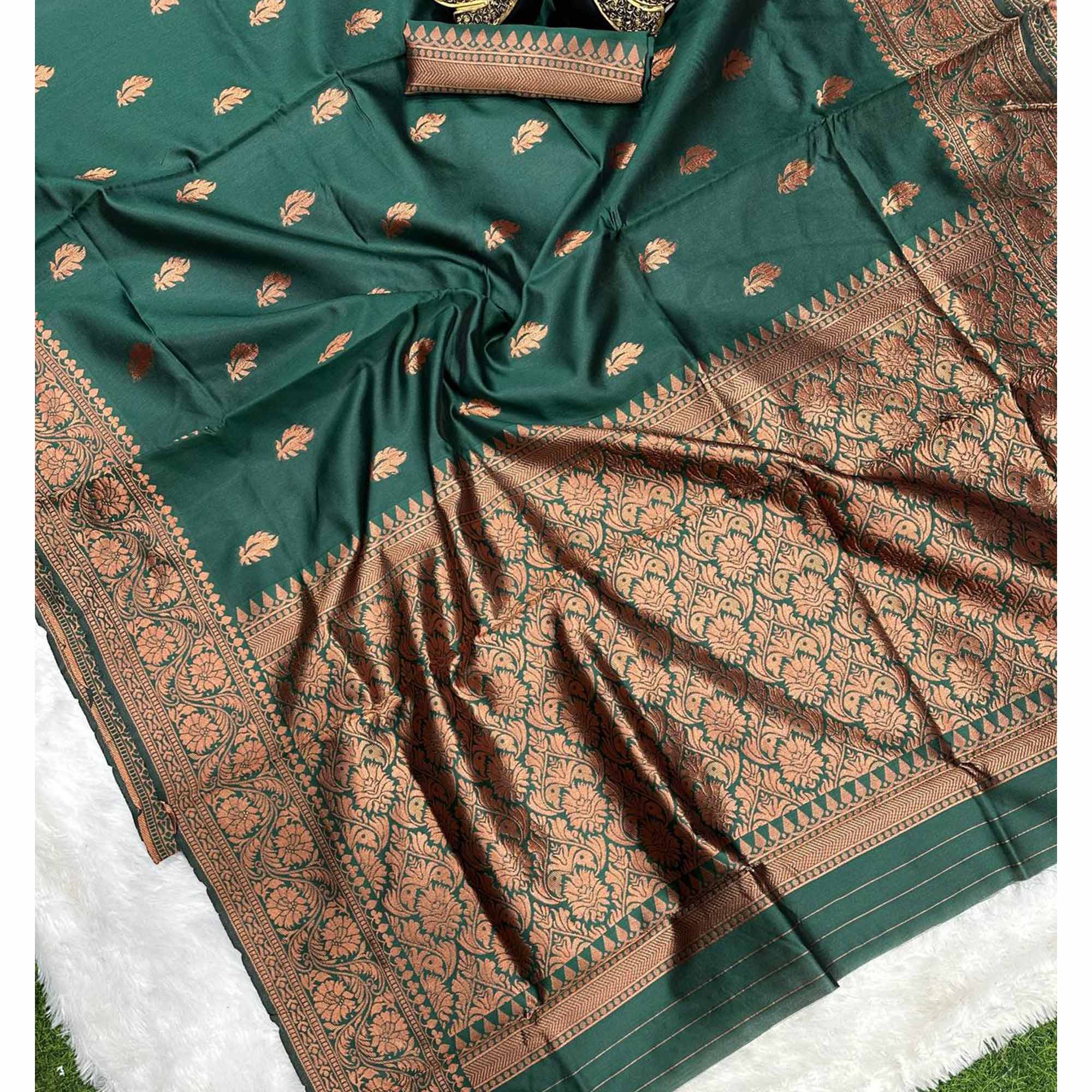 Green Organic Banarasi Silk Saree with Floral Zari Ornamentation