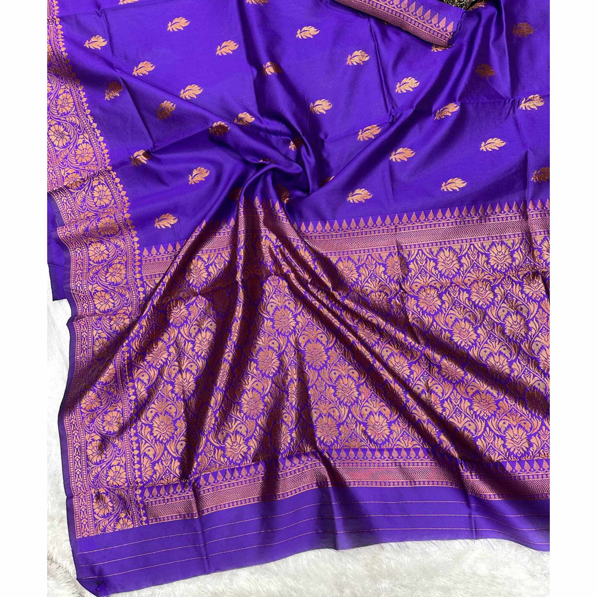 Violet Organic Banarasi Silk Saree with Floral Zari Detailing