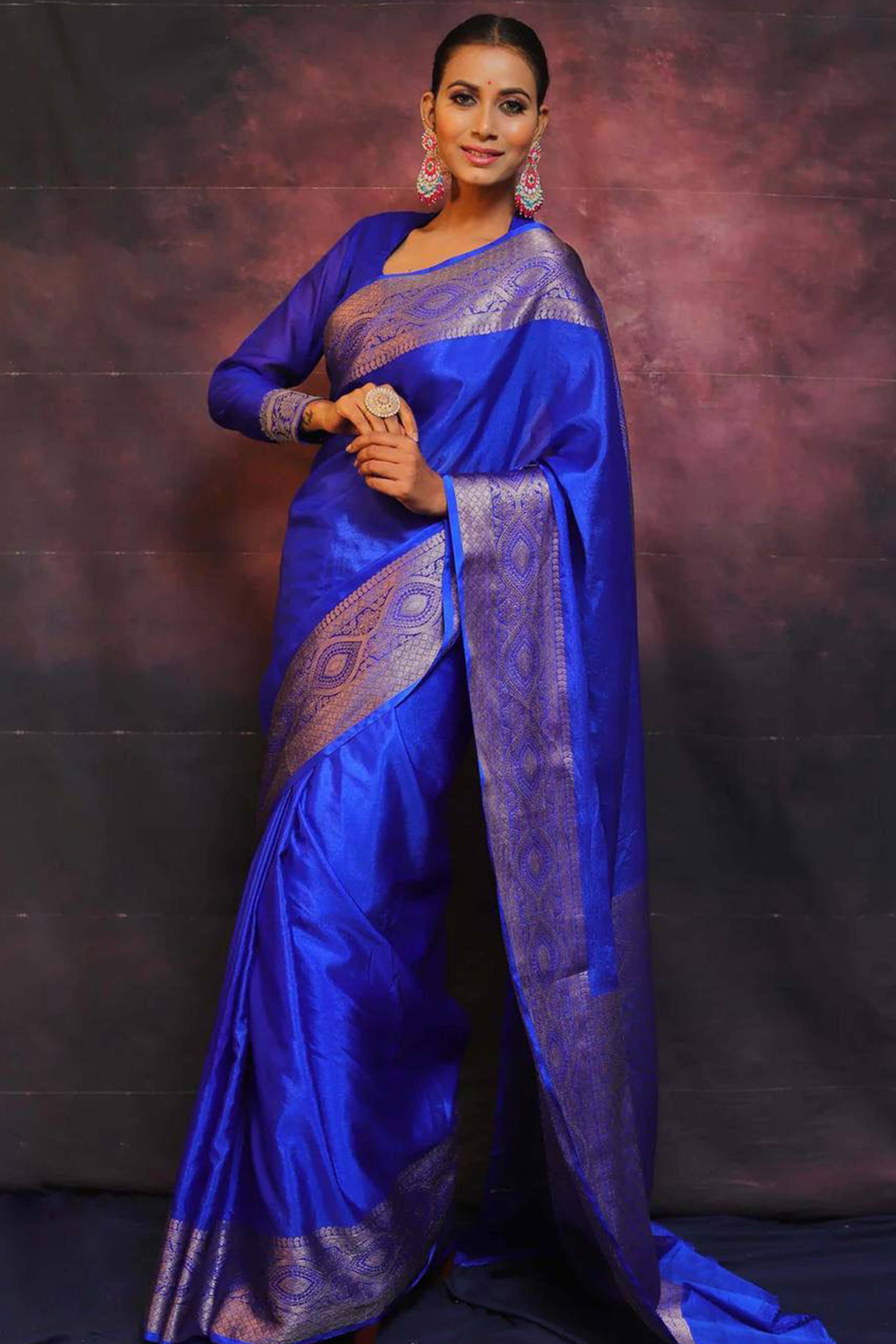 Majestic Royal Blue Floral Zari Woven Lichi Banarasi Silk Saree