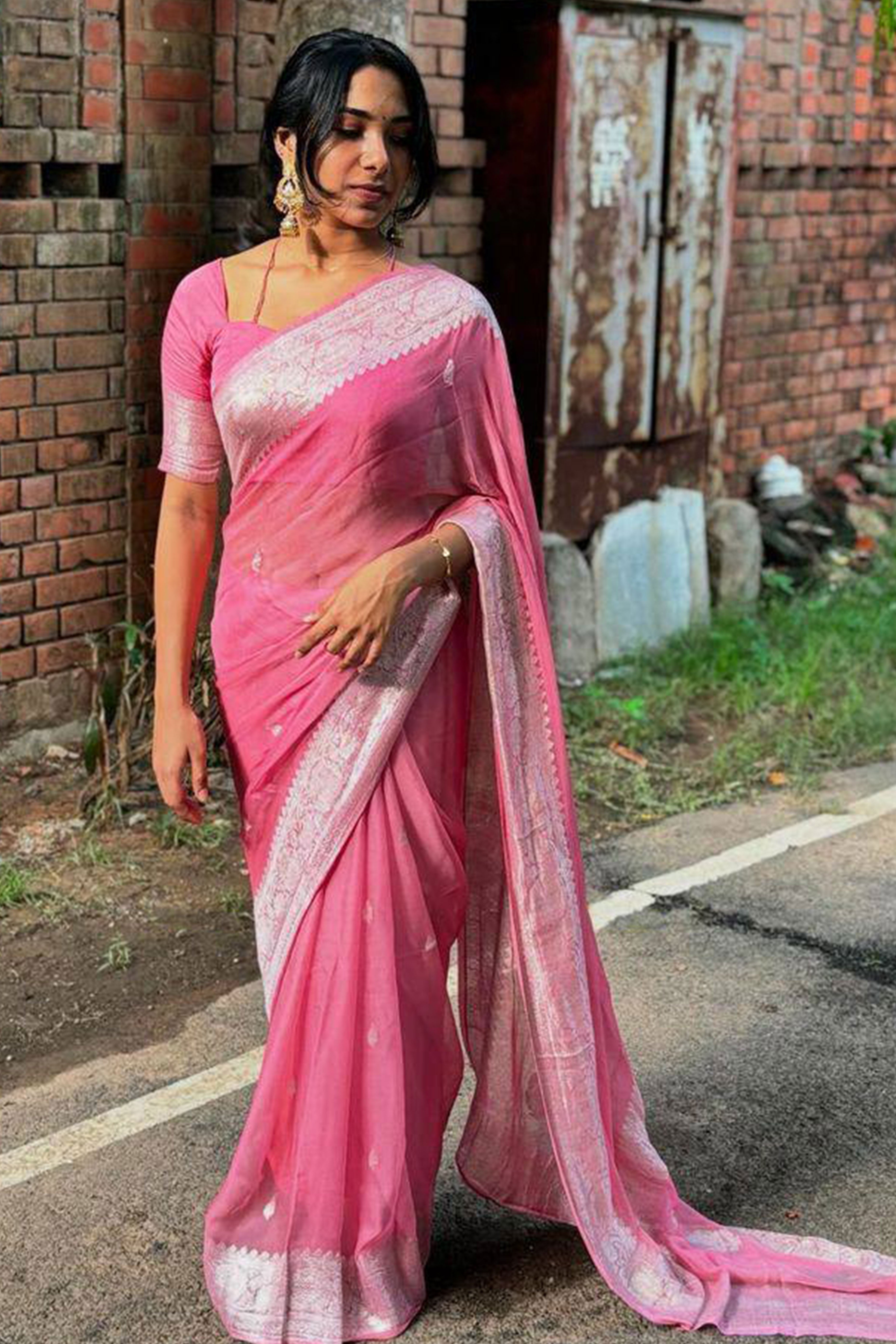 Pink Floral Woven Cotton Silk Saree