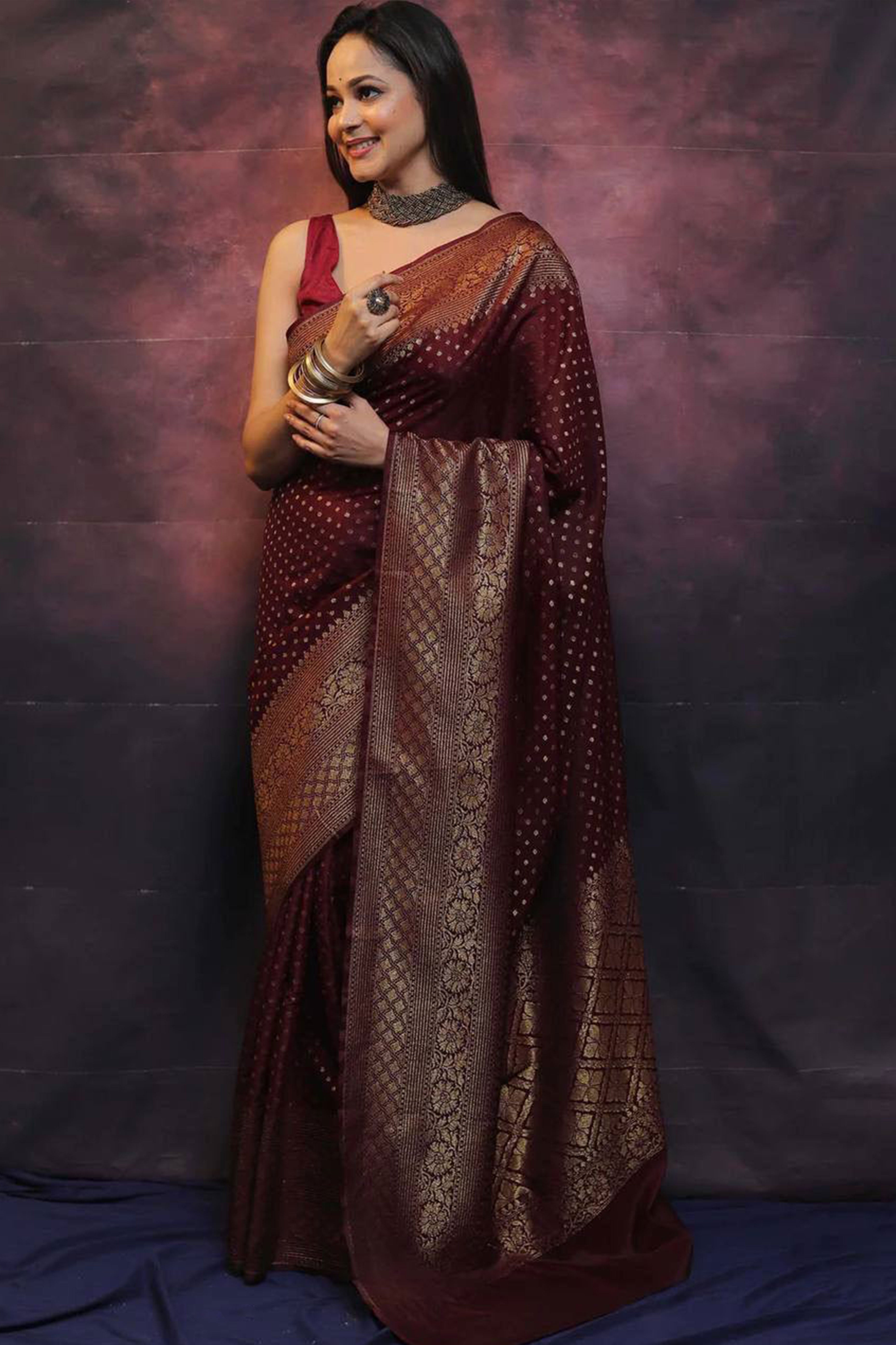 Maroon Floral Woven Lichi Banarasi Silk Saree