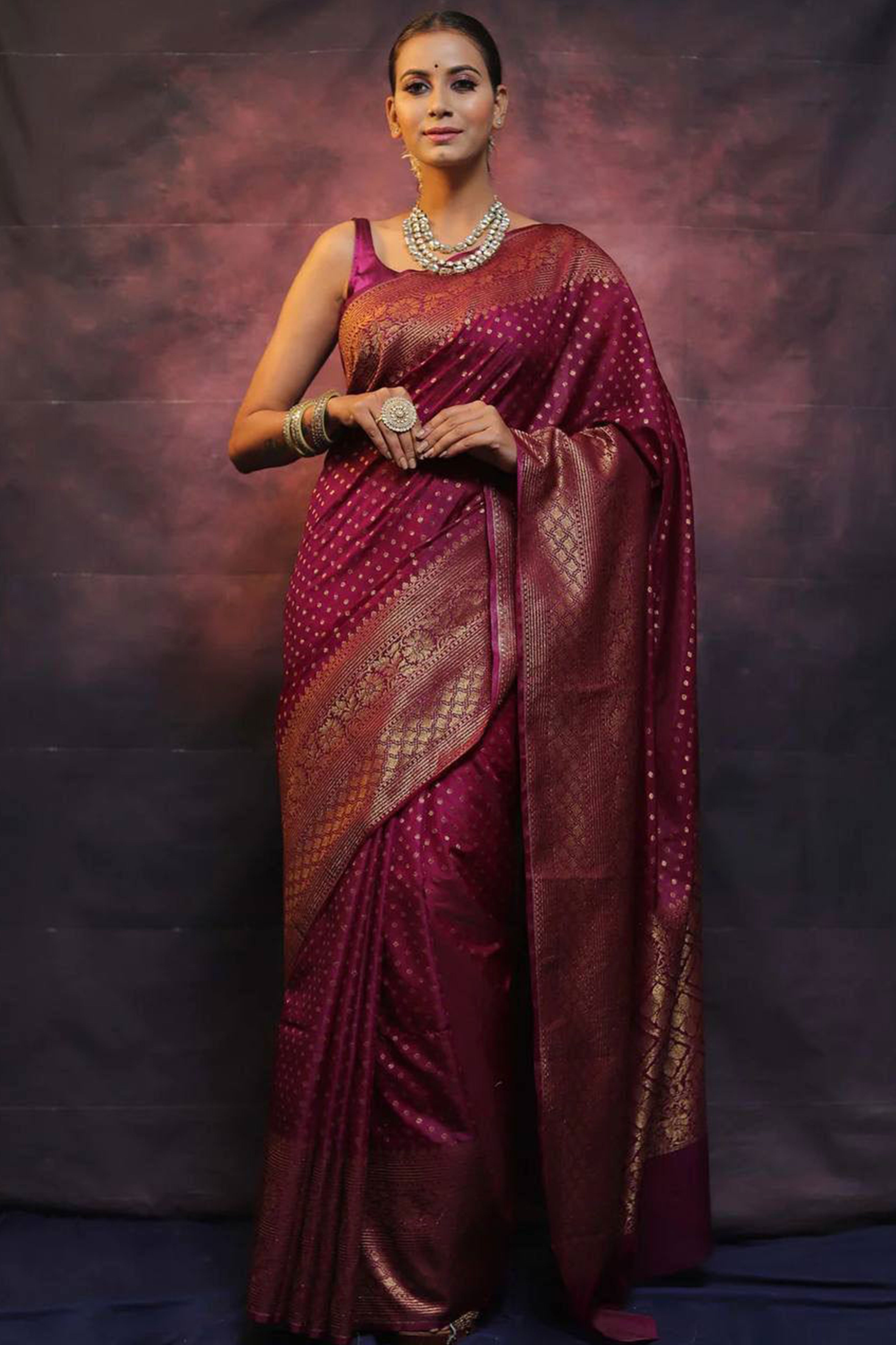 Wine Floral Woven Lichi Banarasi Silk Saree