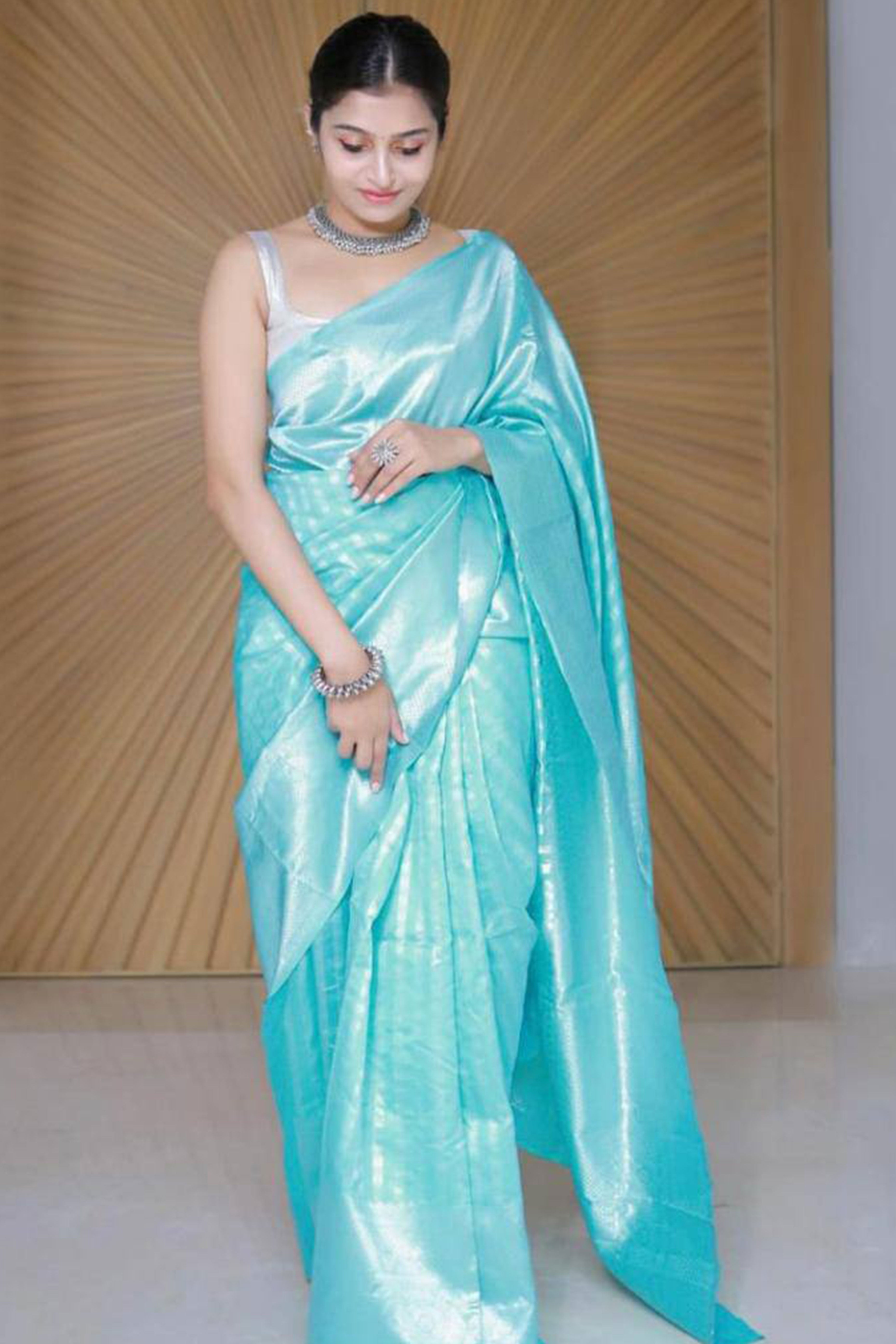 Blue Floral Woven Lichi Banarasi Silk Saree