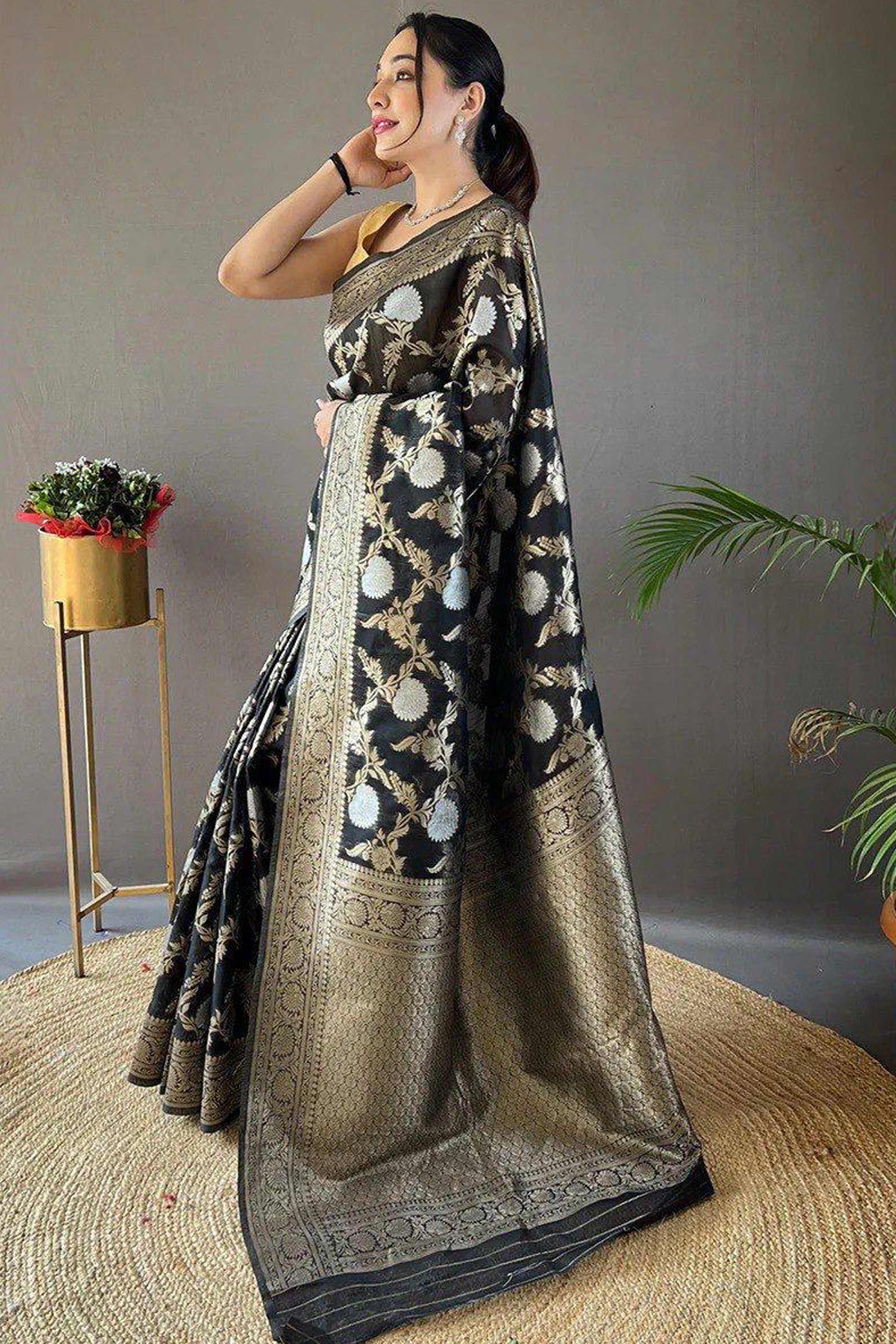 Black Floral Woven Cotton Silk Saree