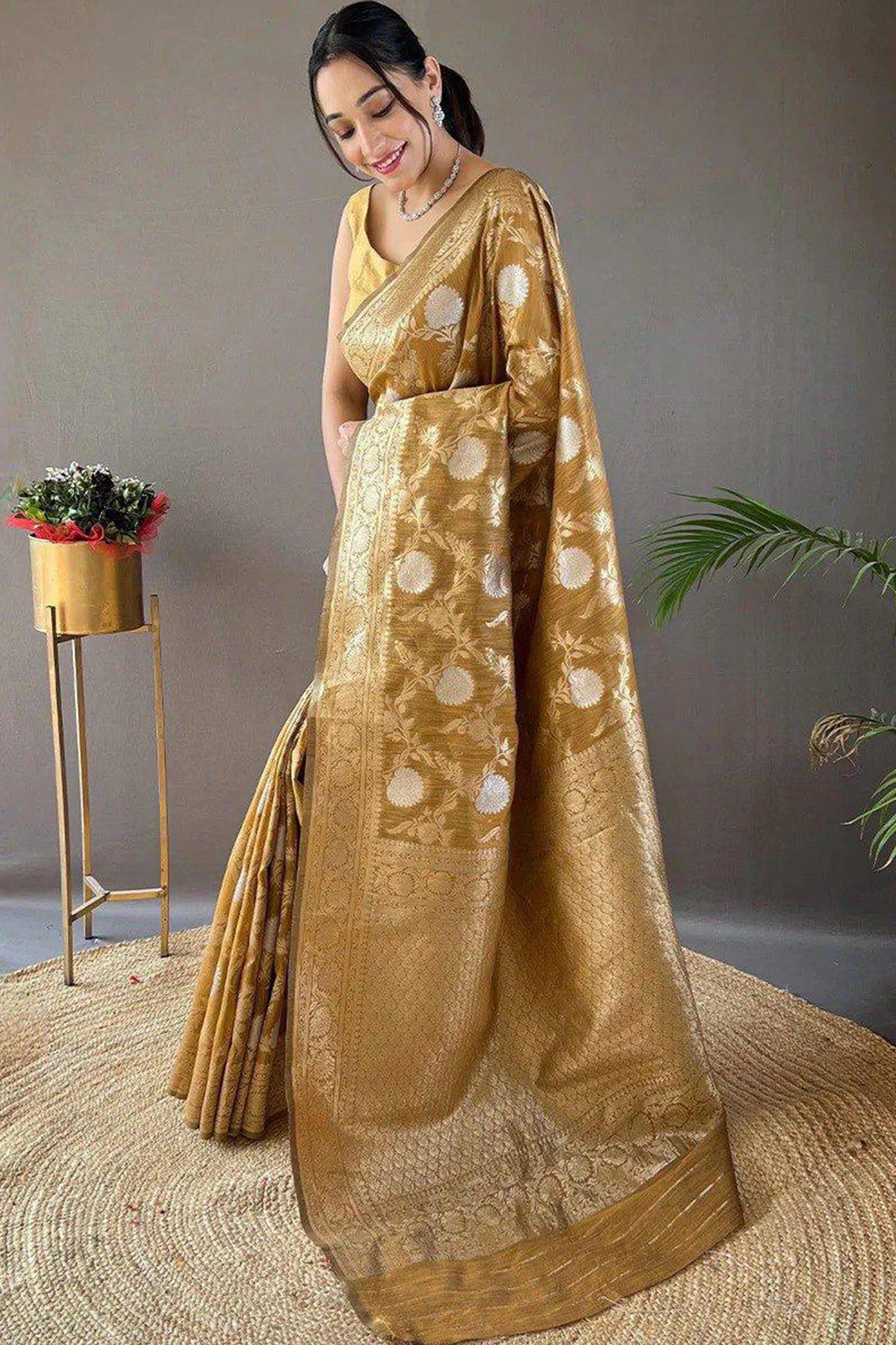 Dark Mustard Floral Woven Cotton Silk Saree
