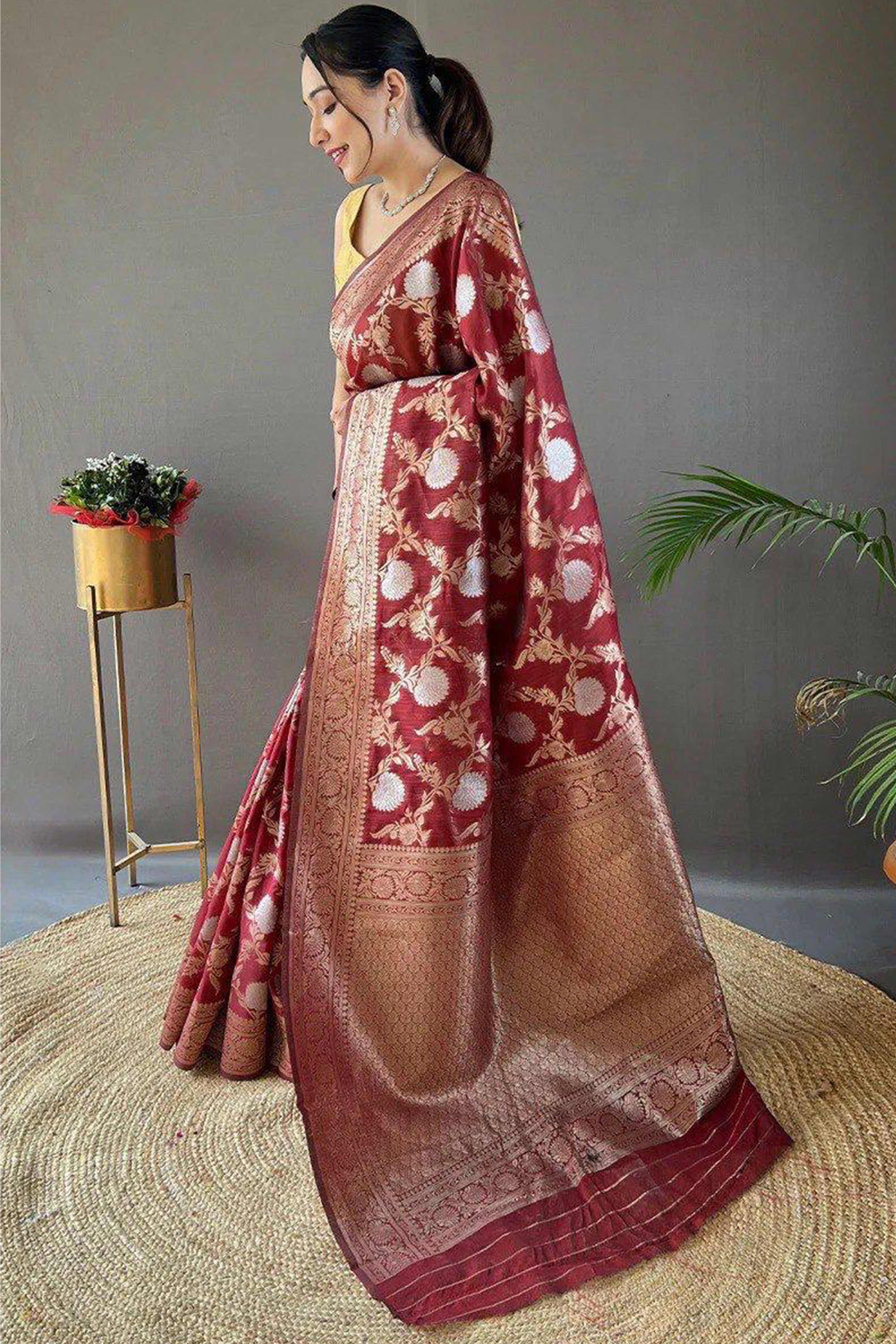 Maroon Floral Woven Cotton Silk Saree