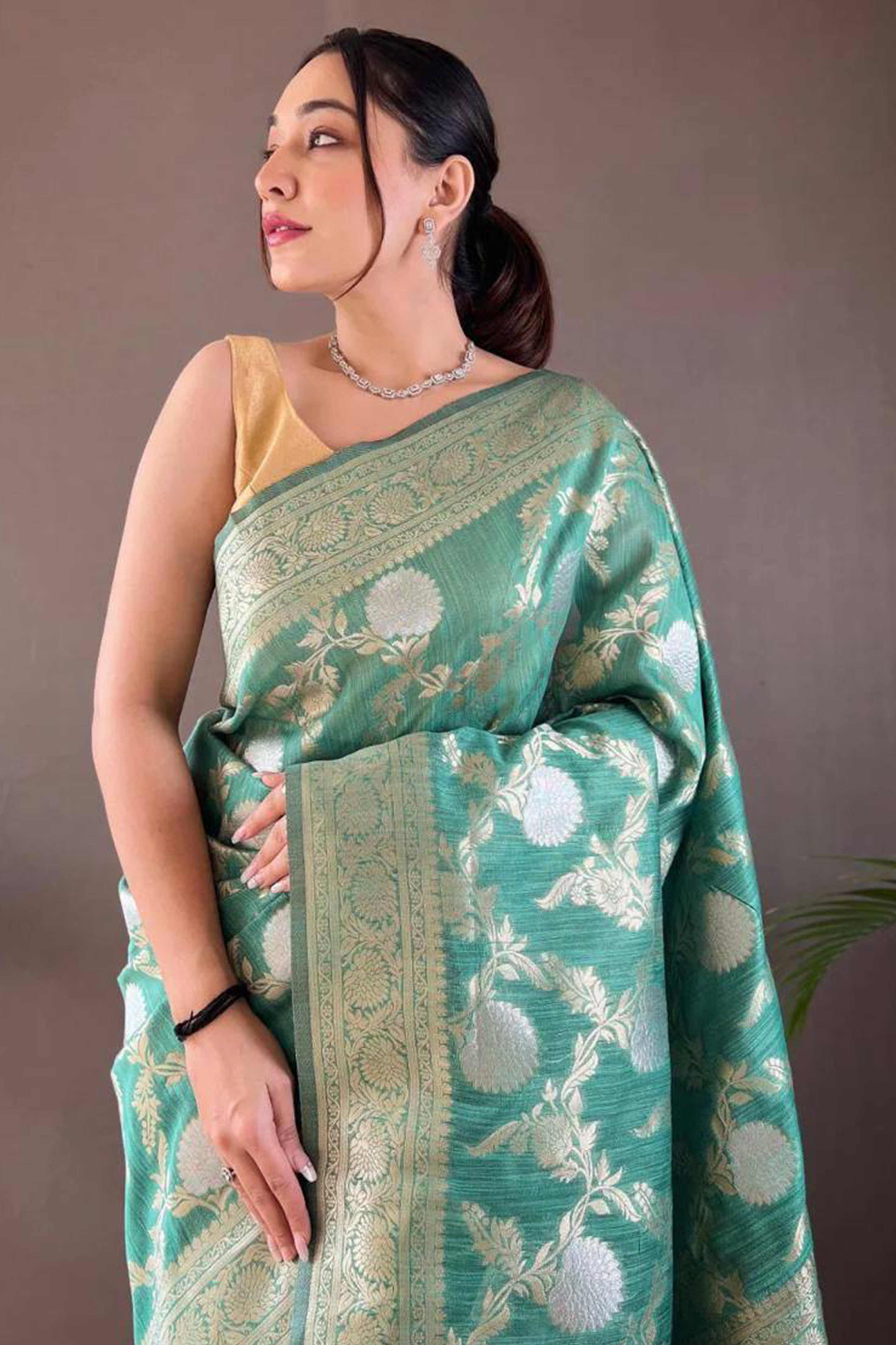 Rama Green Floral Woven Cotton Silk Saree