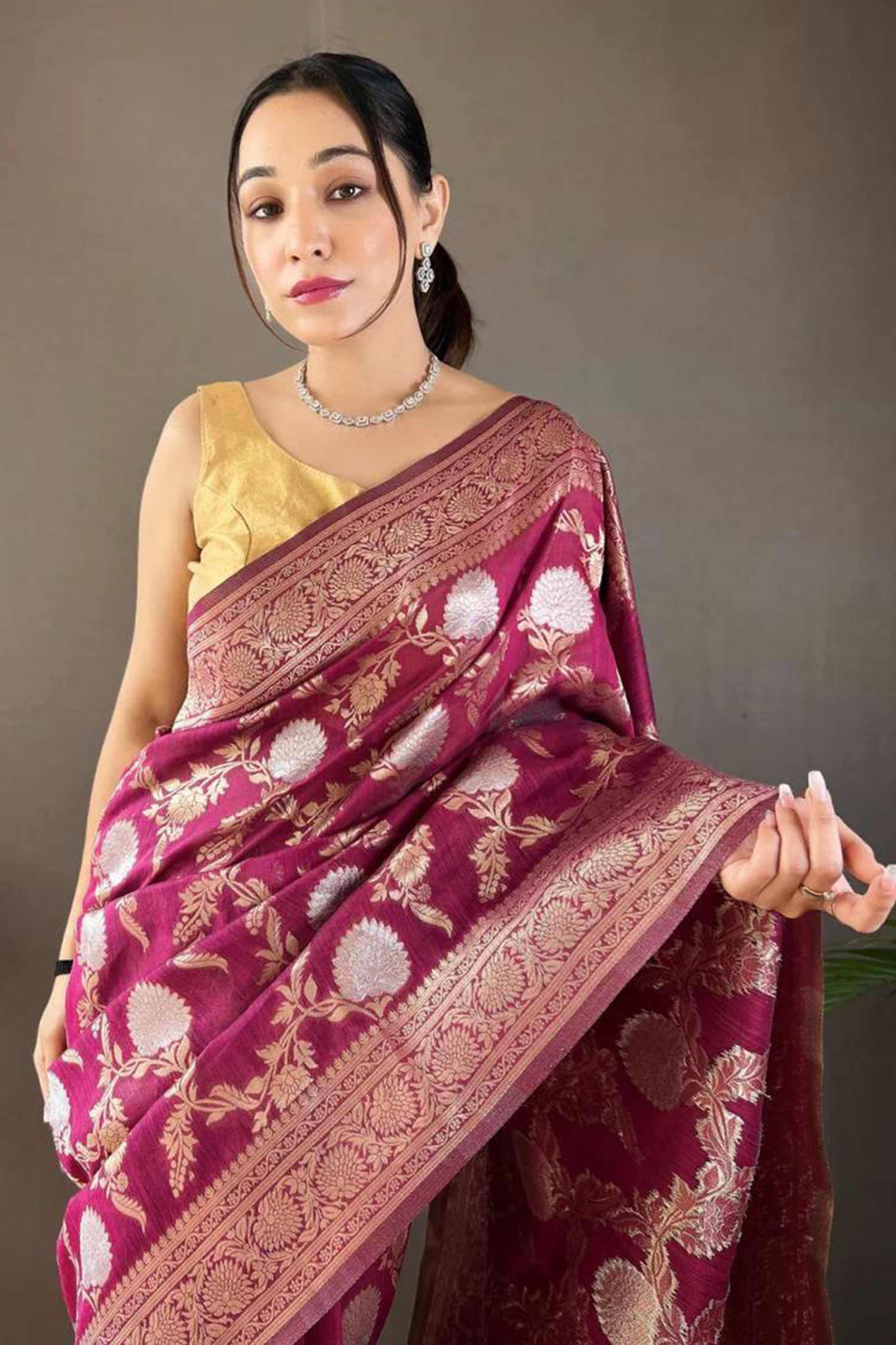 Wine Floral Woven Cotton Silk Saree