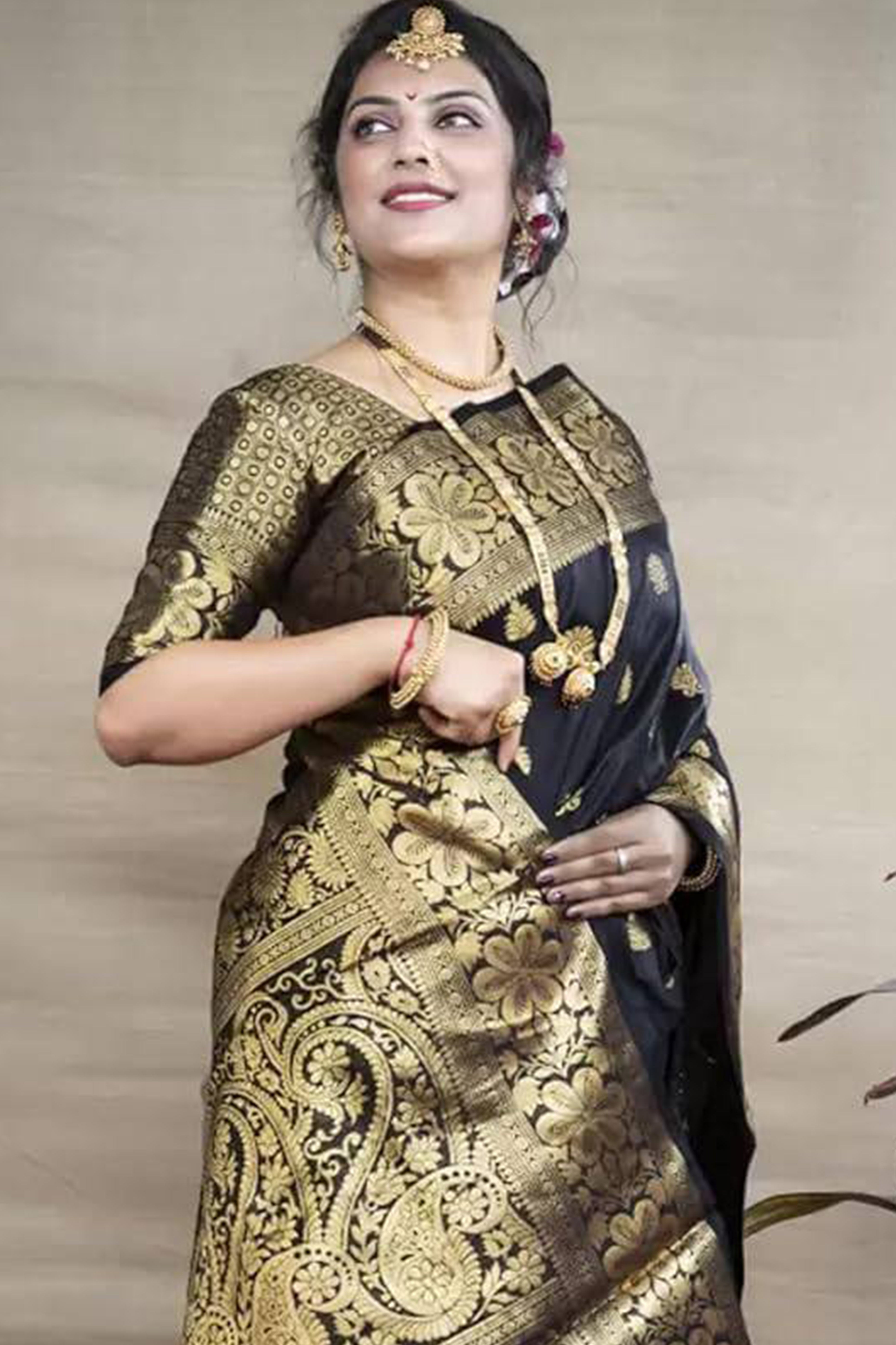 Black Banarasi Silk Saree With Intricate Zari Butti Weaving