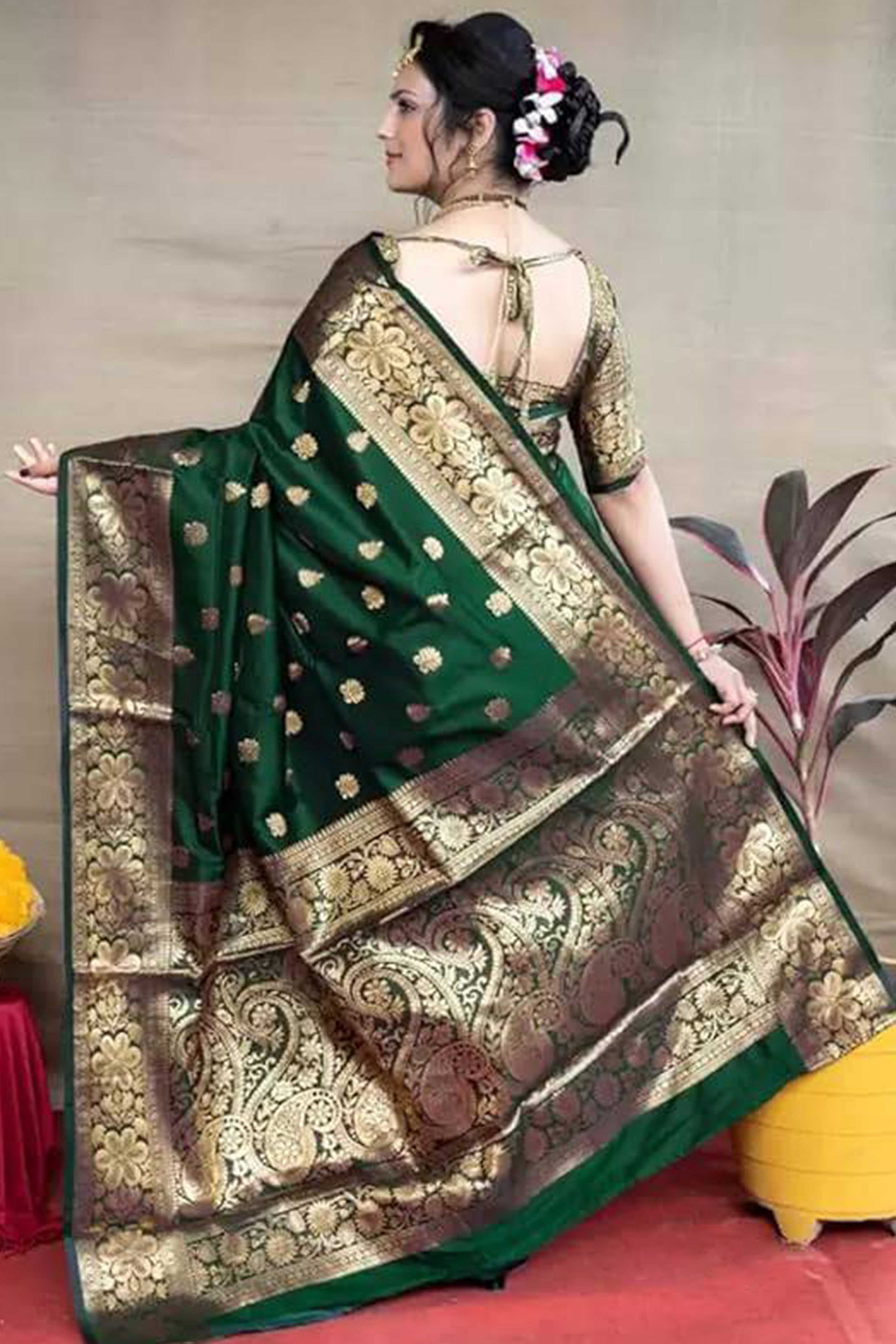 Dark Green Banarasi Silk Saree With Intricate Zari Butti Weaving