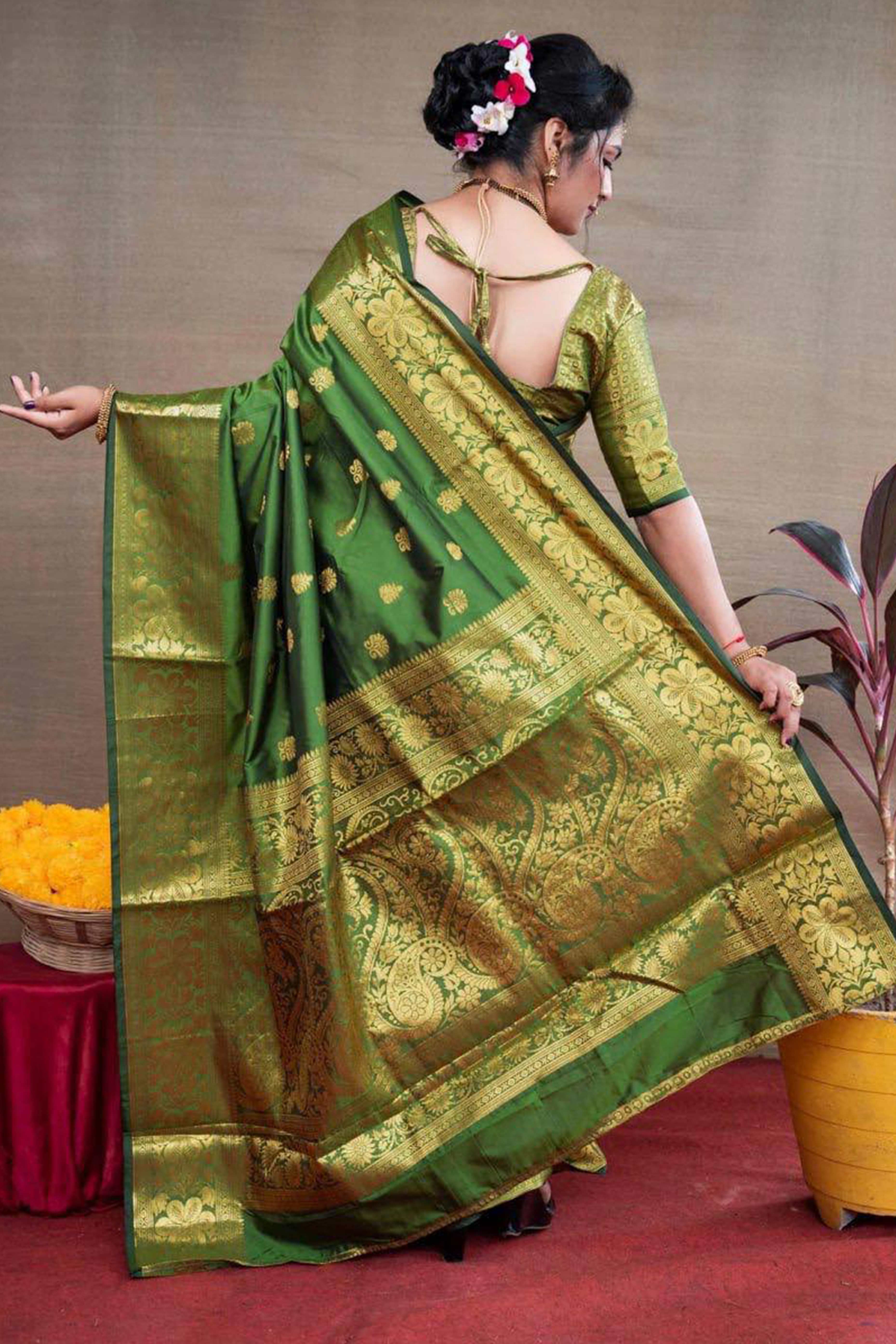 Regal Green Banarasi Silk Saree With Intricate Zari Butti Weaving