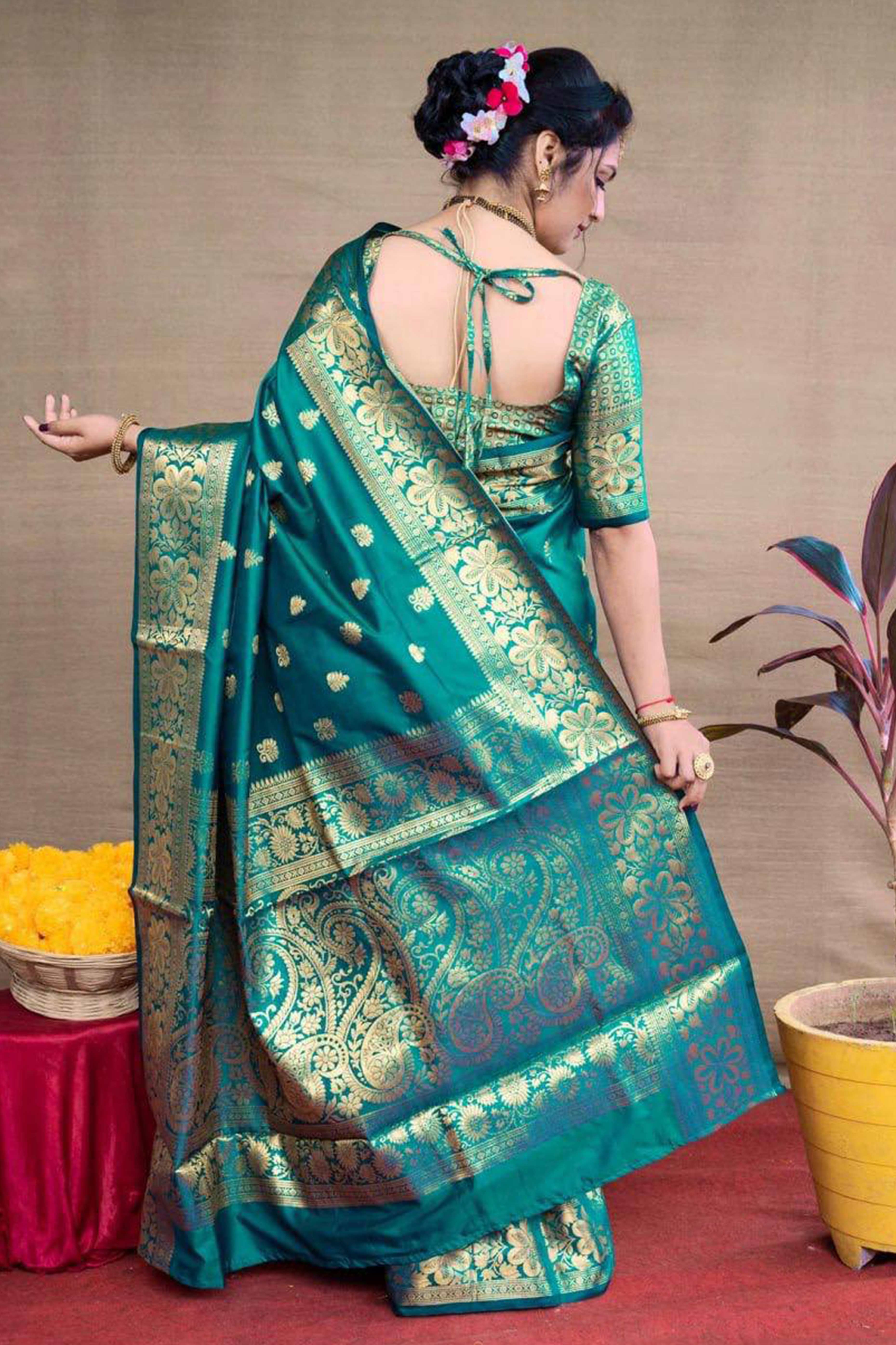 Turquoise Banarasi Silk Saree With Intricate Zari Butti Weaving