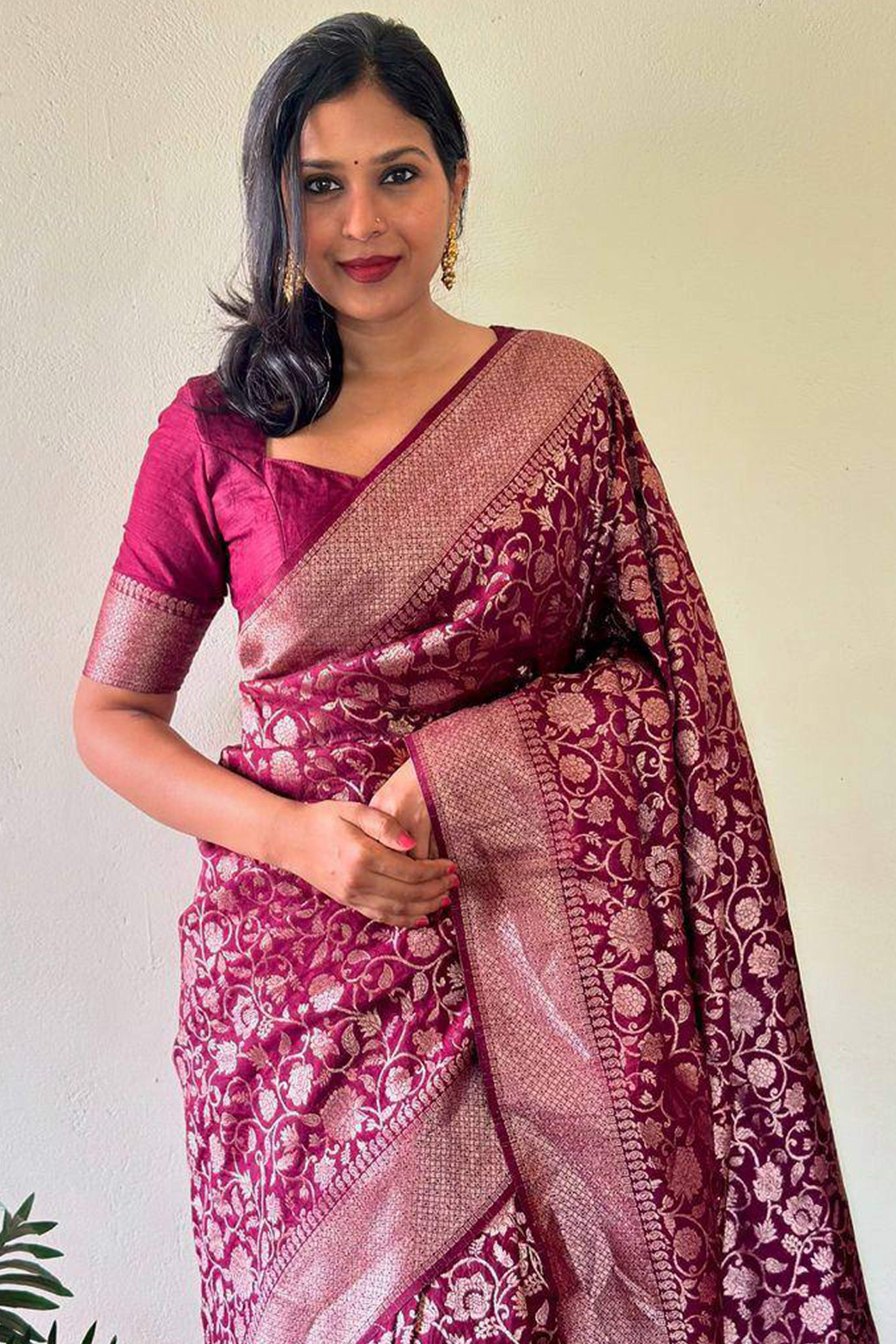 Wine Floral Woven Lichi Banarasi Silk Saree