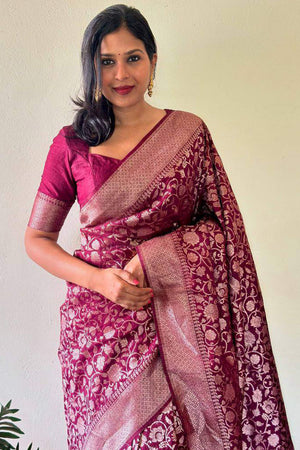 Wine Floral Woven Lichi Banarasi Silk Saree