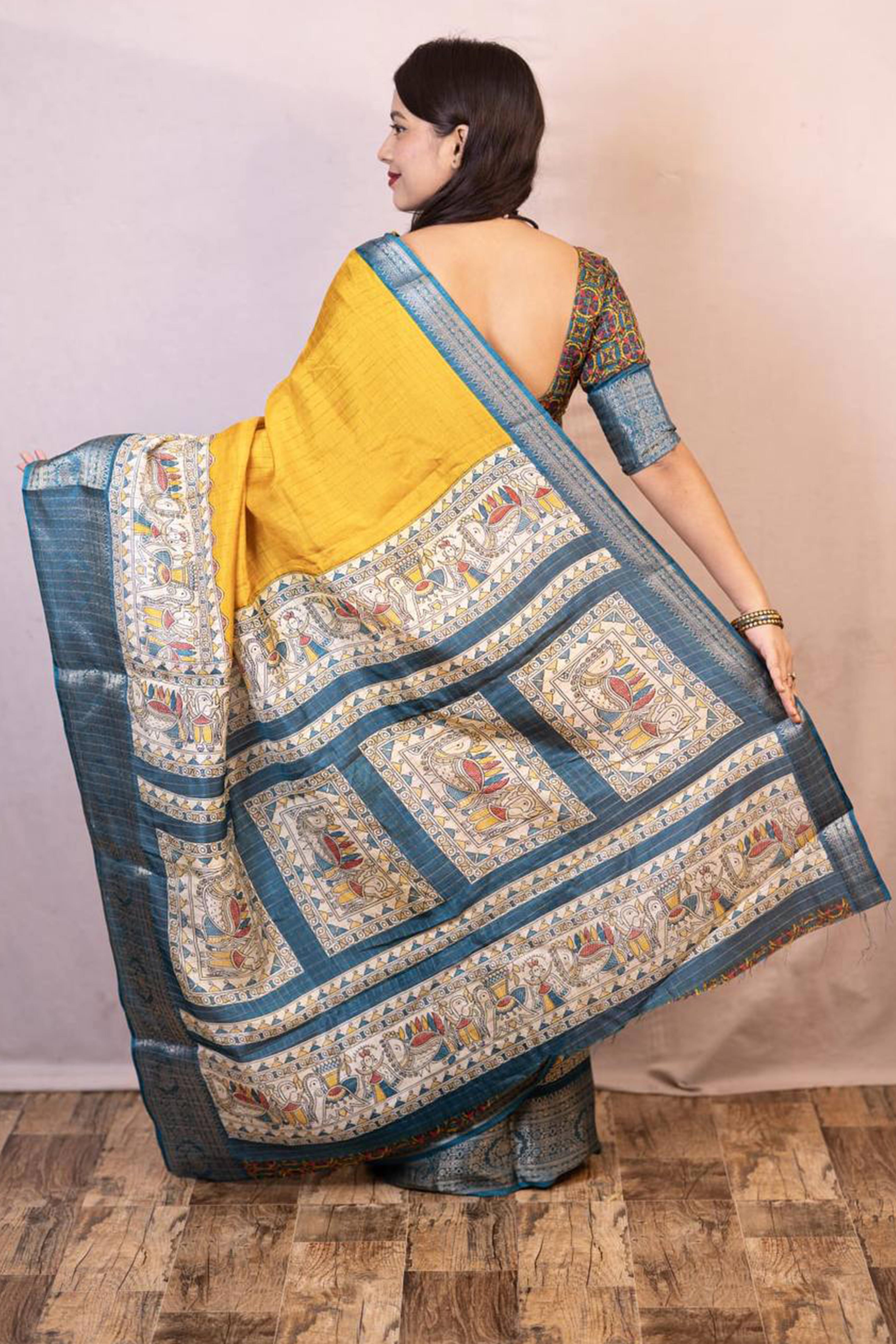 Mustard Printed With Zari Checks Dola Silk Saree