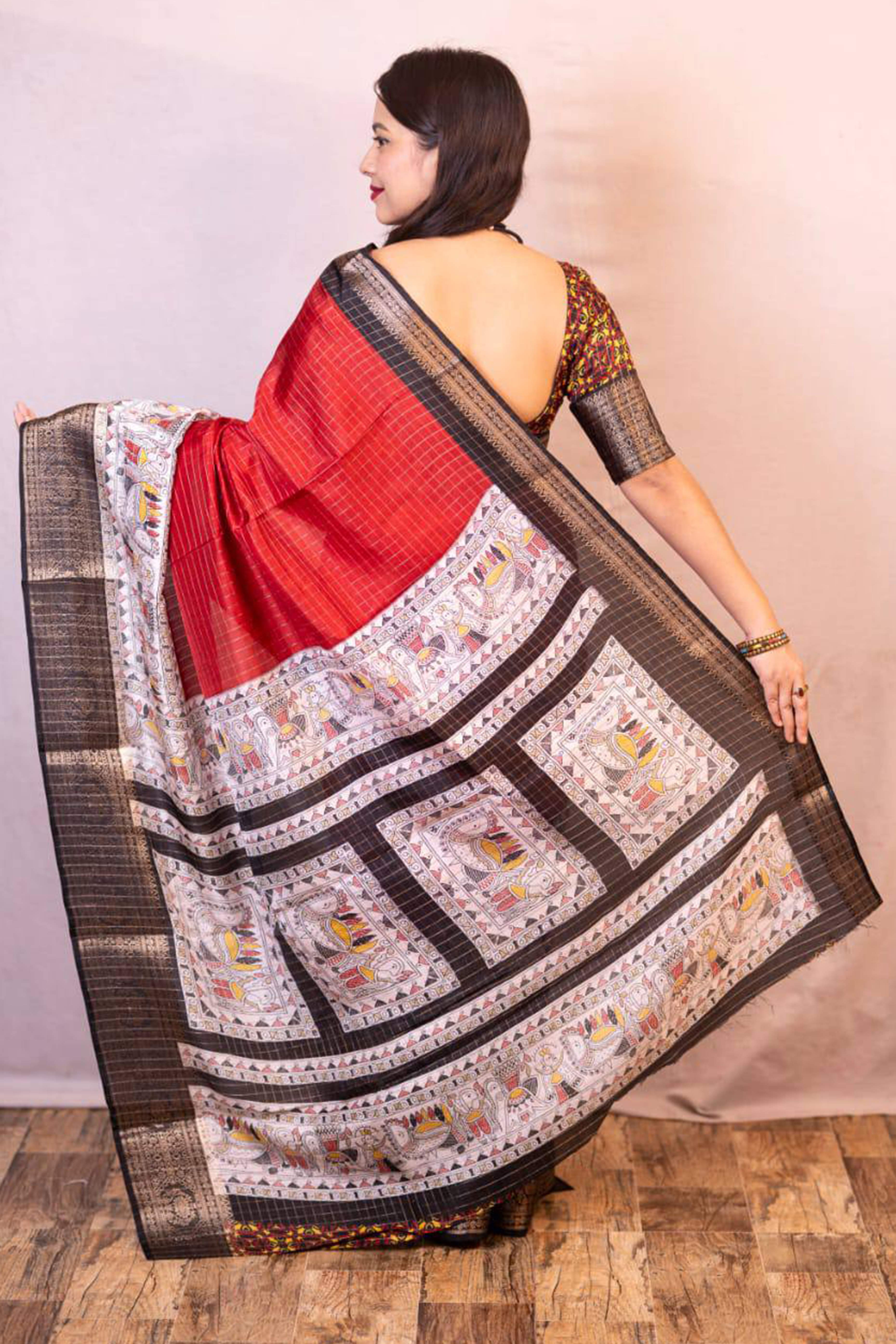 Red Printed With Zari Checks Dola Silk Saree