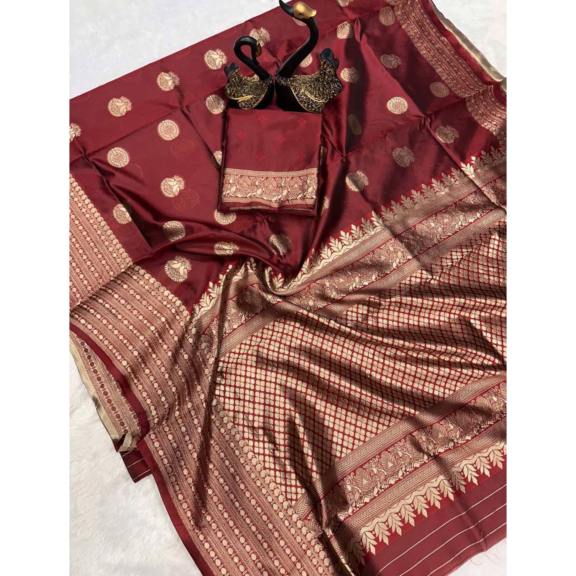 Maroon Floral Woven Lichi Banarasi Silk Saree