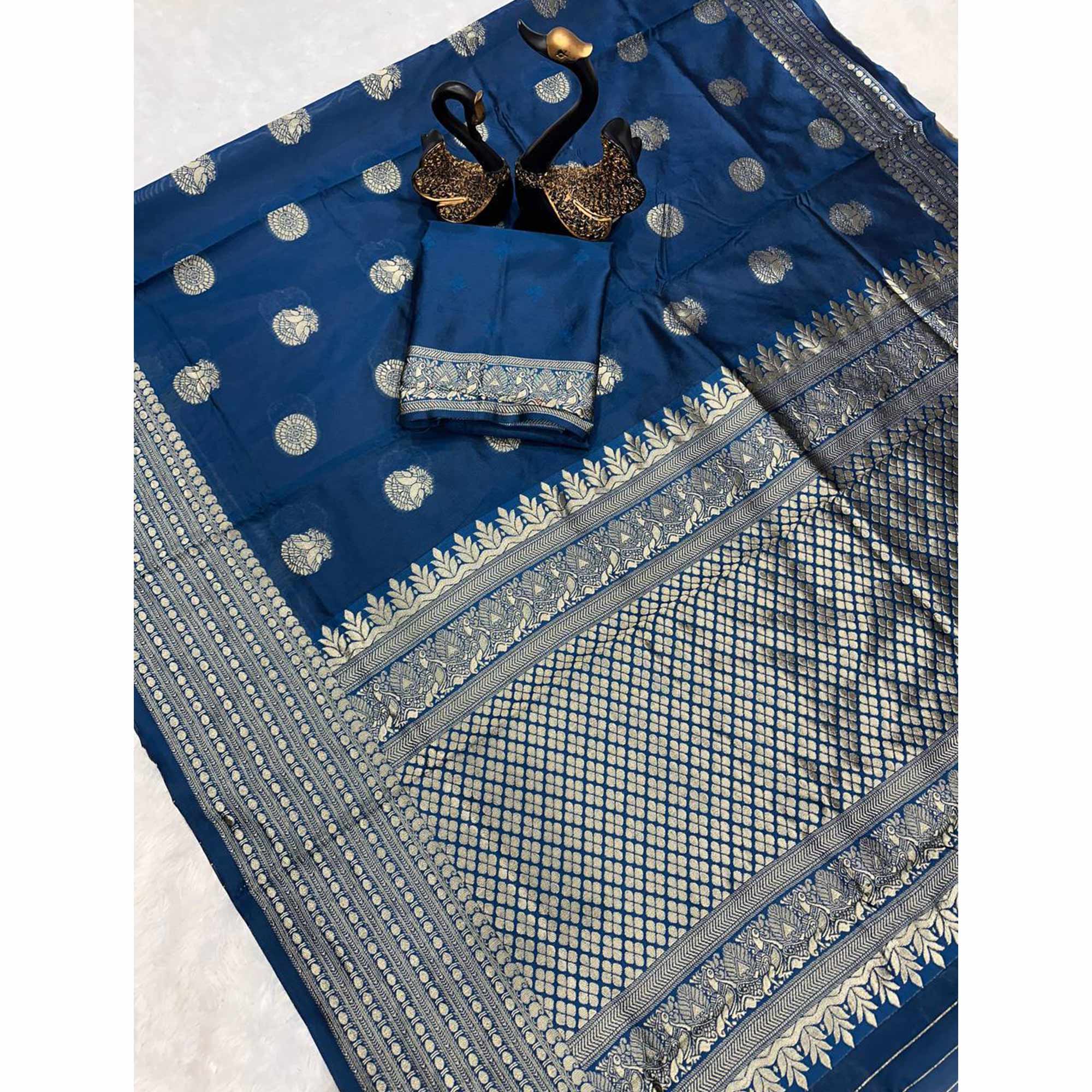 Morpich Blue Floral Woven Lichi Banarasi Silk Saree