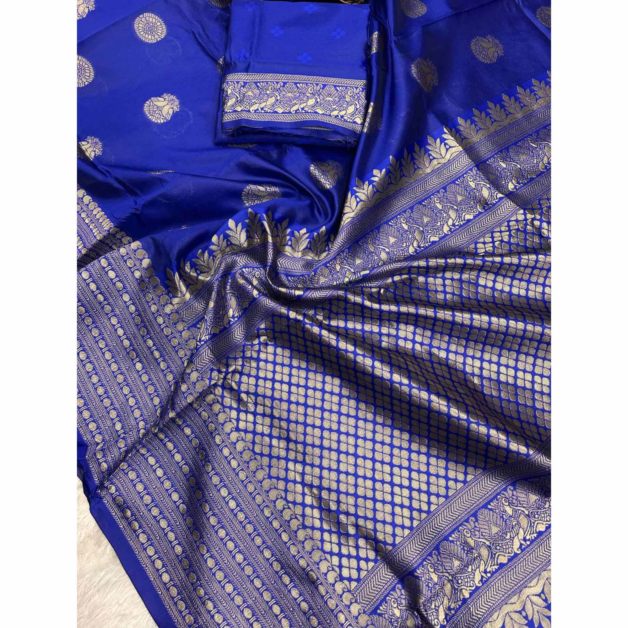 Royal Blue Floral Woven Lichi Banarasi Silk Saree