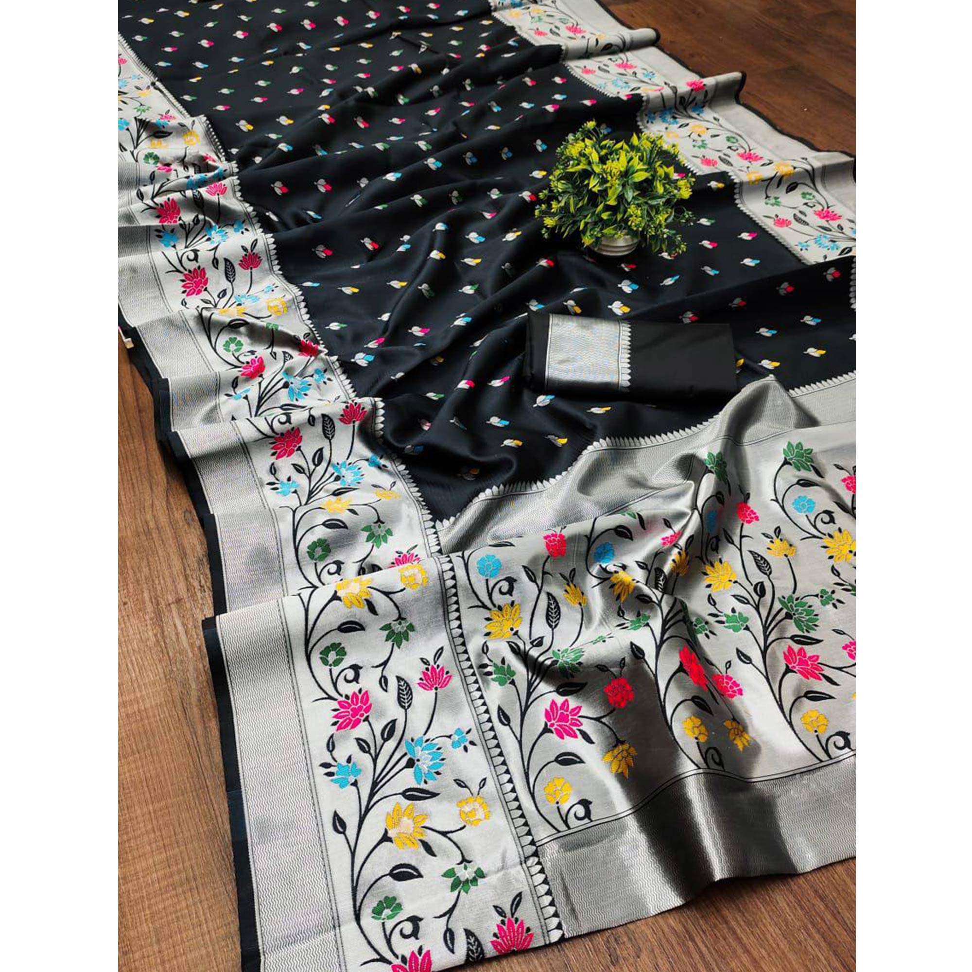 Festive Banarasi Silk Paithani Saree in Black Enhanced with Zari Weaving