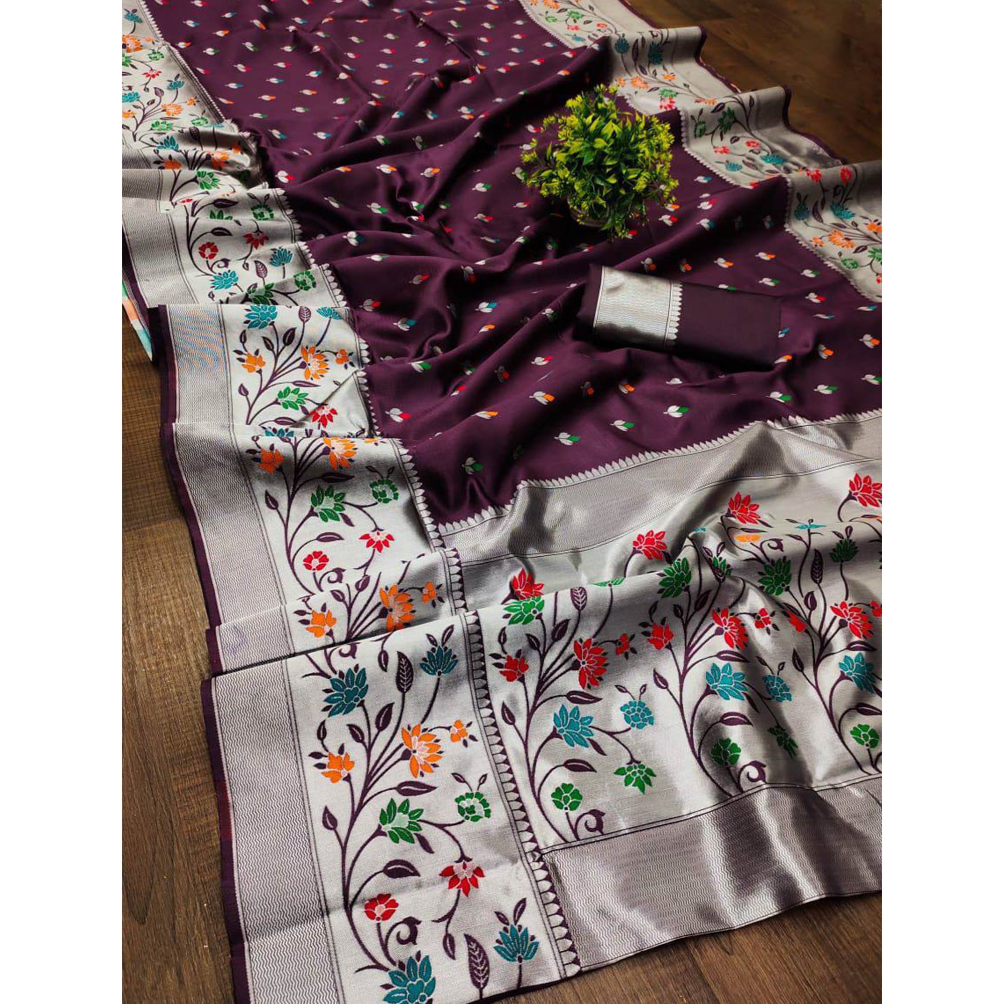 Festive Banarasi Silk Paithani Saree in Wine Enhanced with Zari Weaving