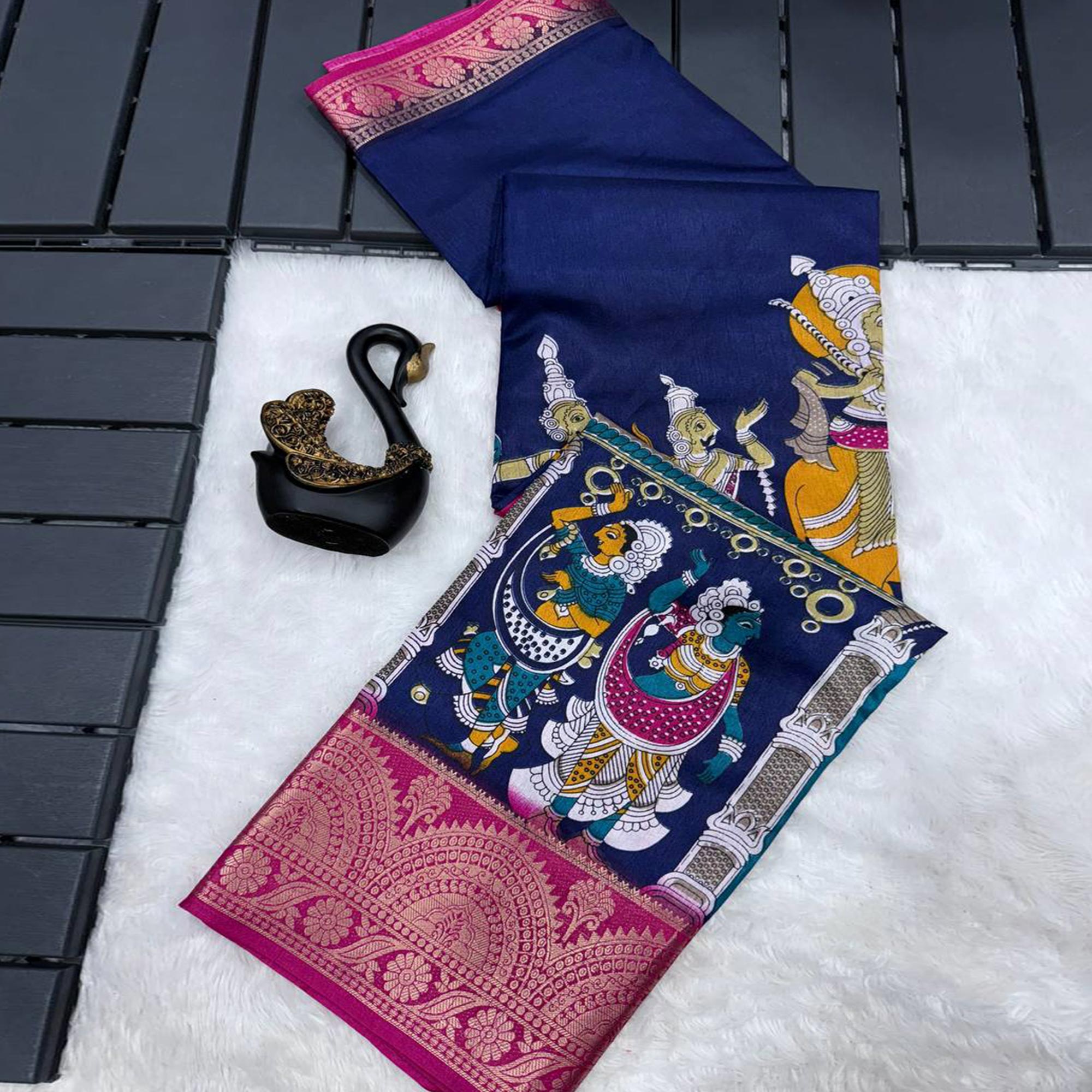 Blue Mangalagiri Patterned Dola Silk Saree Accentuated with Gleaming Zari Borders