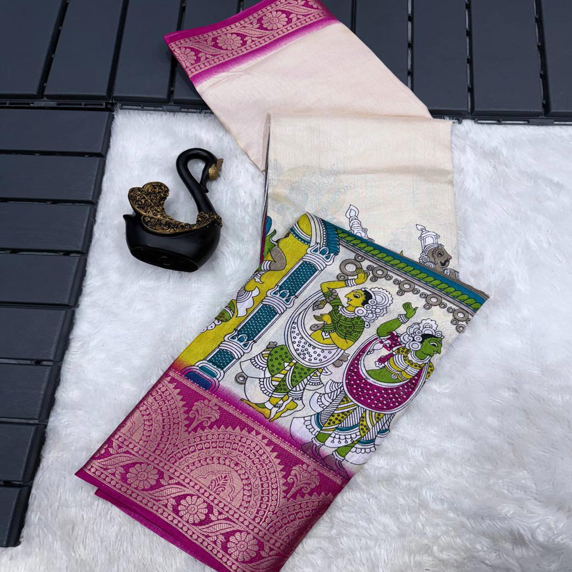 Off White Mangalagiri Patterned Dola Silk Saree Accentuated with Gleaming Zari Borders