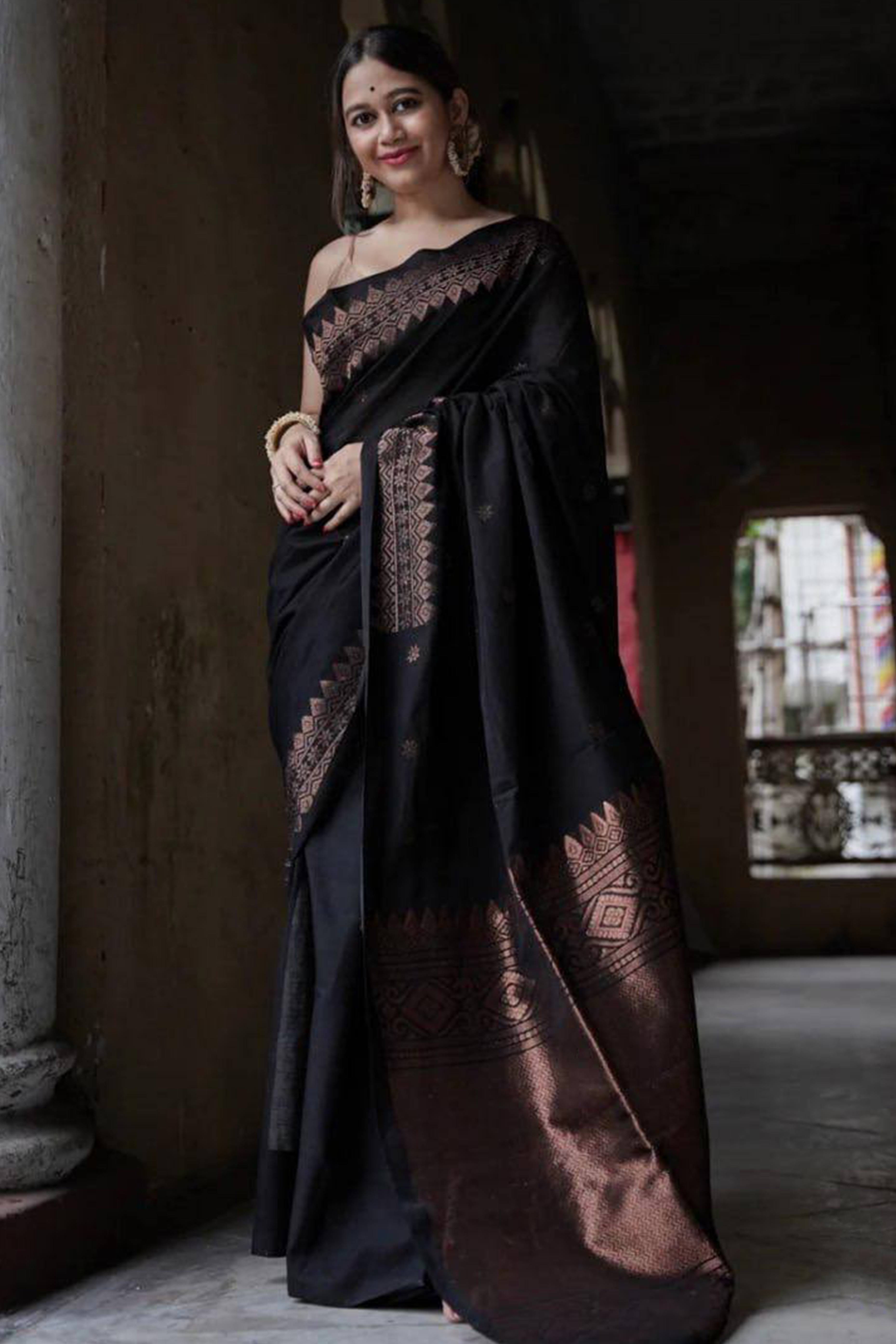 Black Floral Woven Lichi Banarasi Silk Saree
