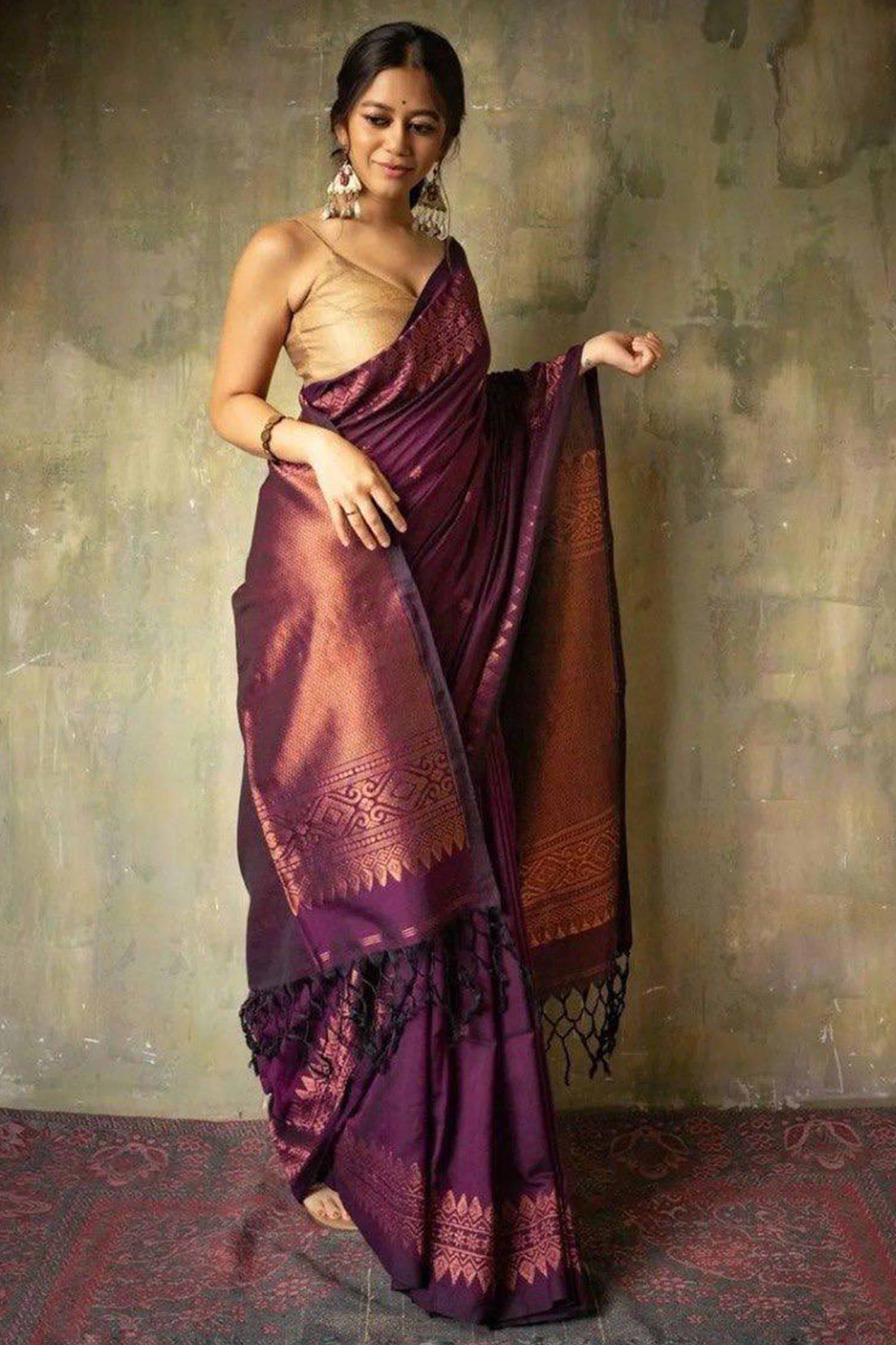 Wine Floral Woven Lichi Banarasi Silk Saree
