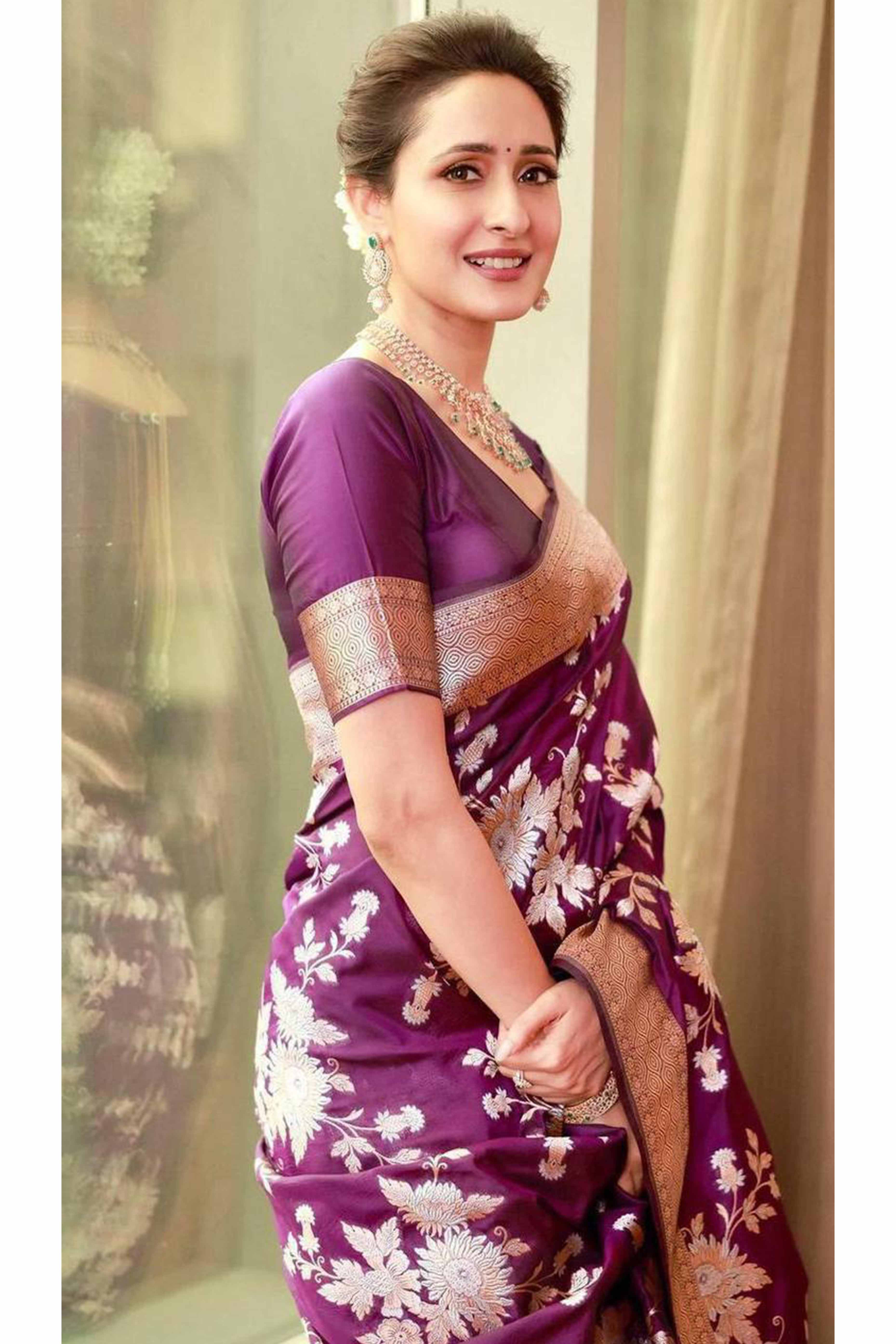 Purple Floral Woven Lichi Banarasi Silk Saree