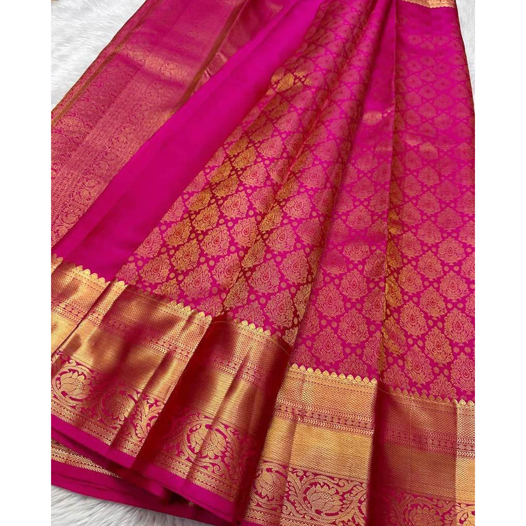 Rani Pink Floral Woven Lichi Banarasi Silk Saree
