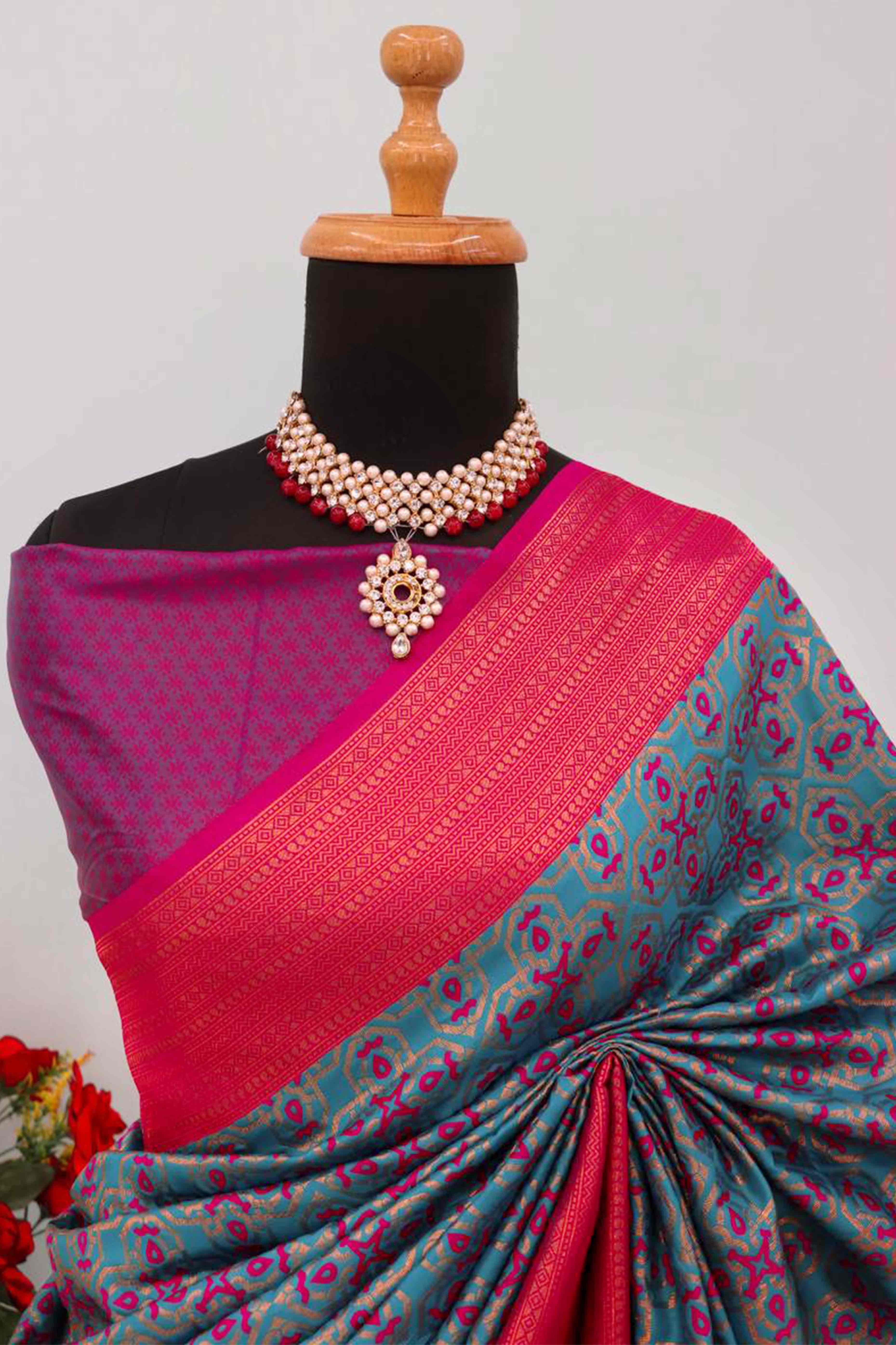 Rama Blue Zari Woven With Butti Work Banarasi Silk Saree