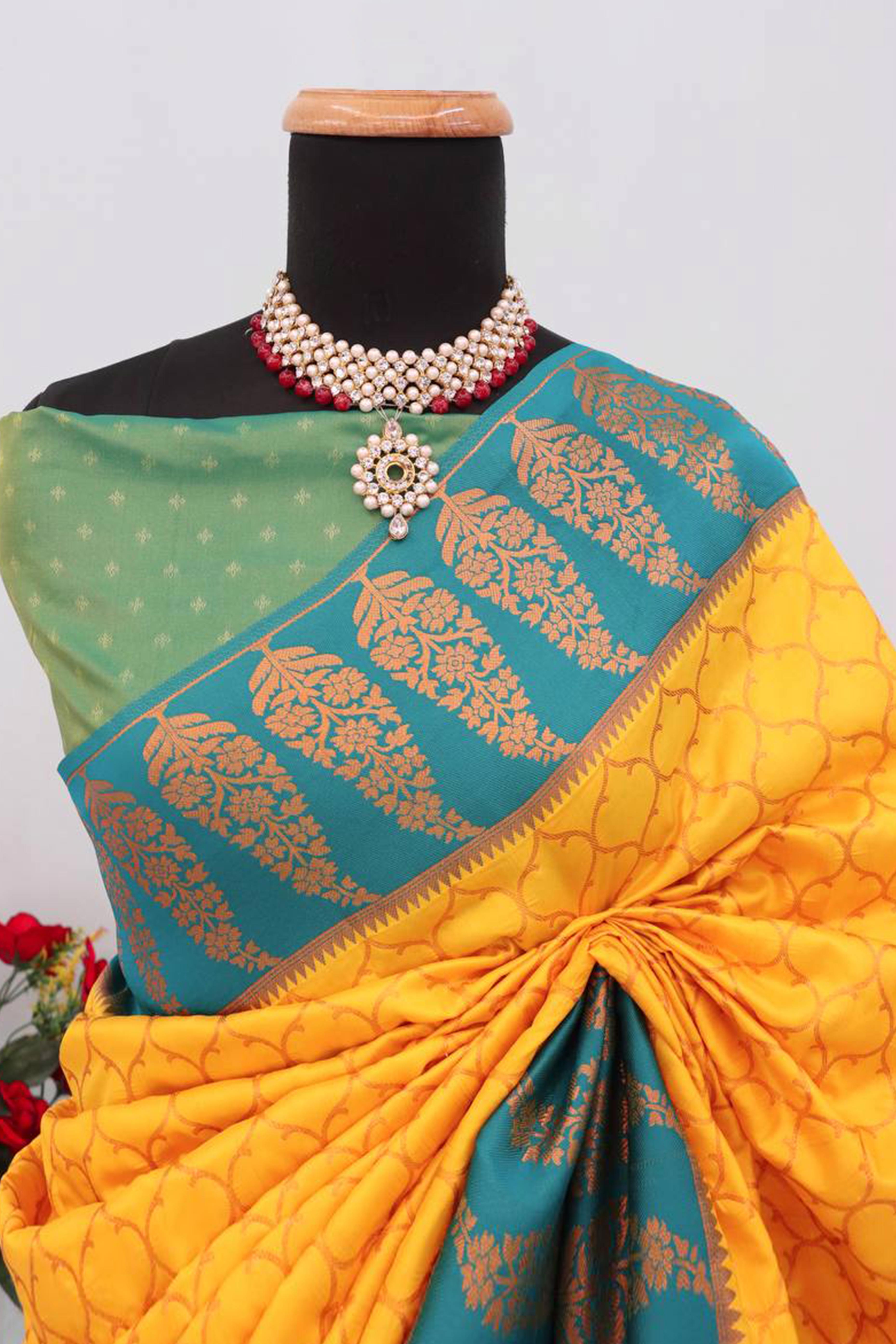 Yellow Floral Woven Kanjivaram Silk Saree