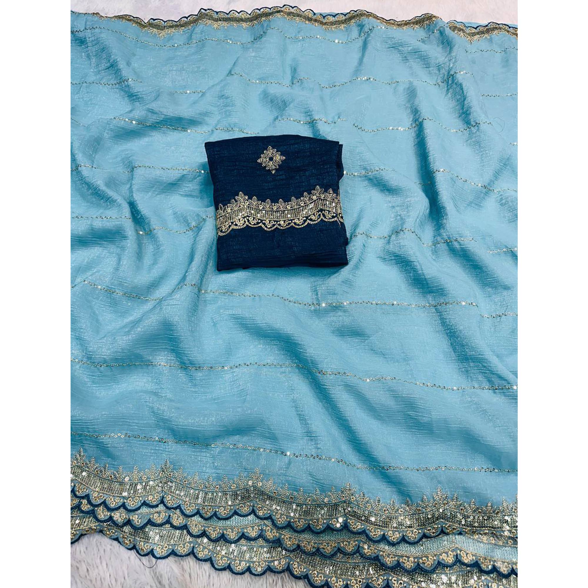 Blue Sequins Embroidered Tussar silk Saree